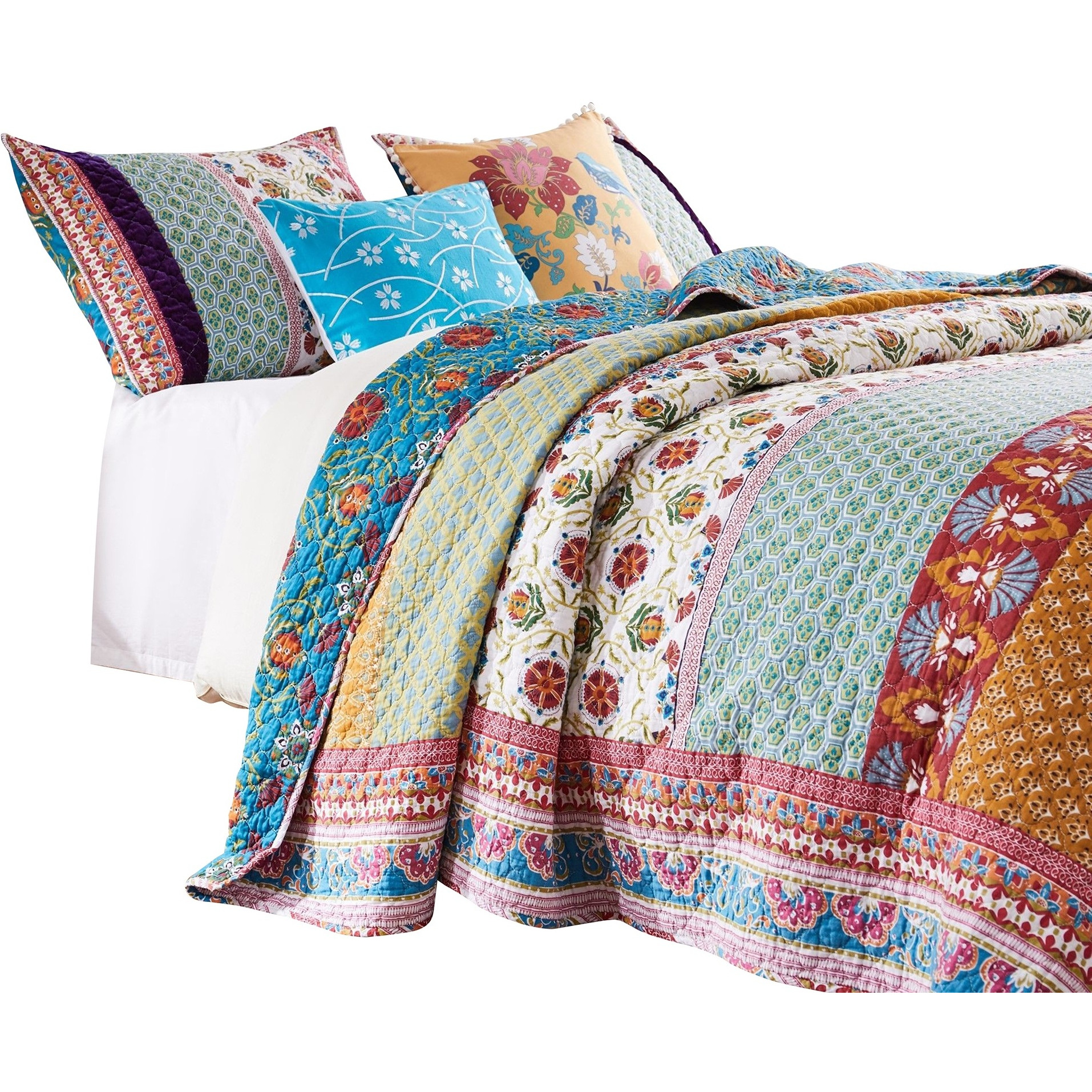 Sama 5 Piece Reversible Full Quilt Set, Floral Print Patterns, Multicolor