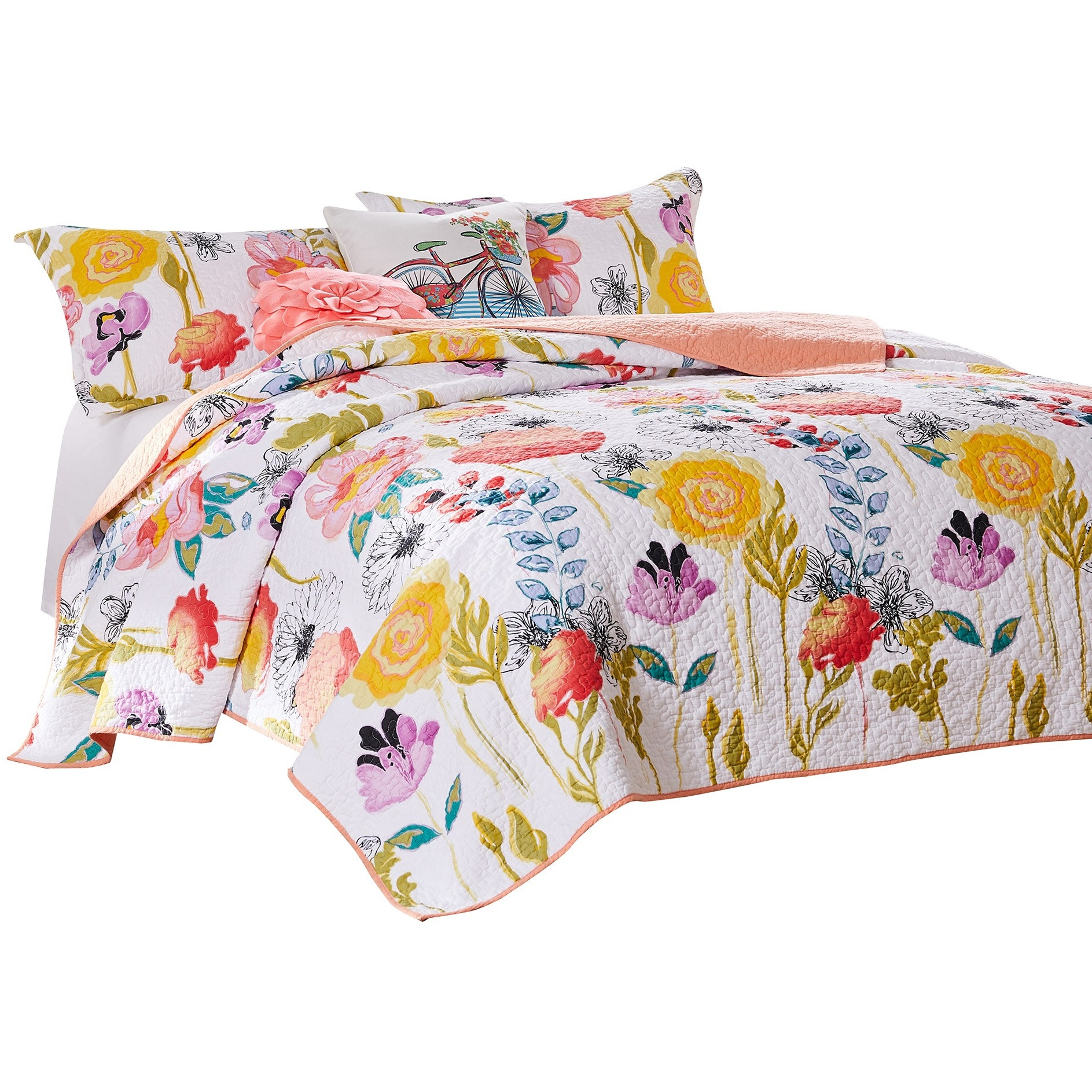 Mavi 4 Piece Reversible Twin Quilt Set, Spring Floral Print, Multicolor
