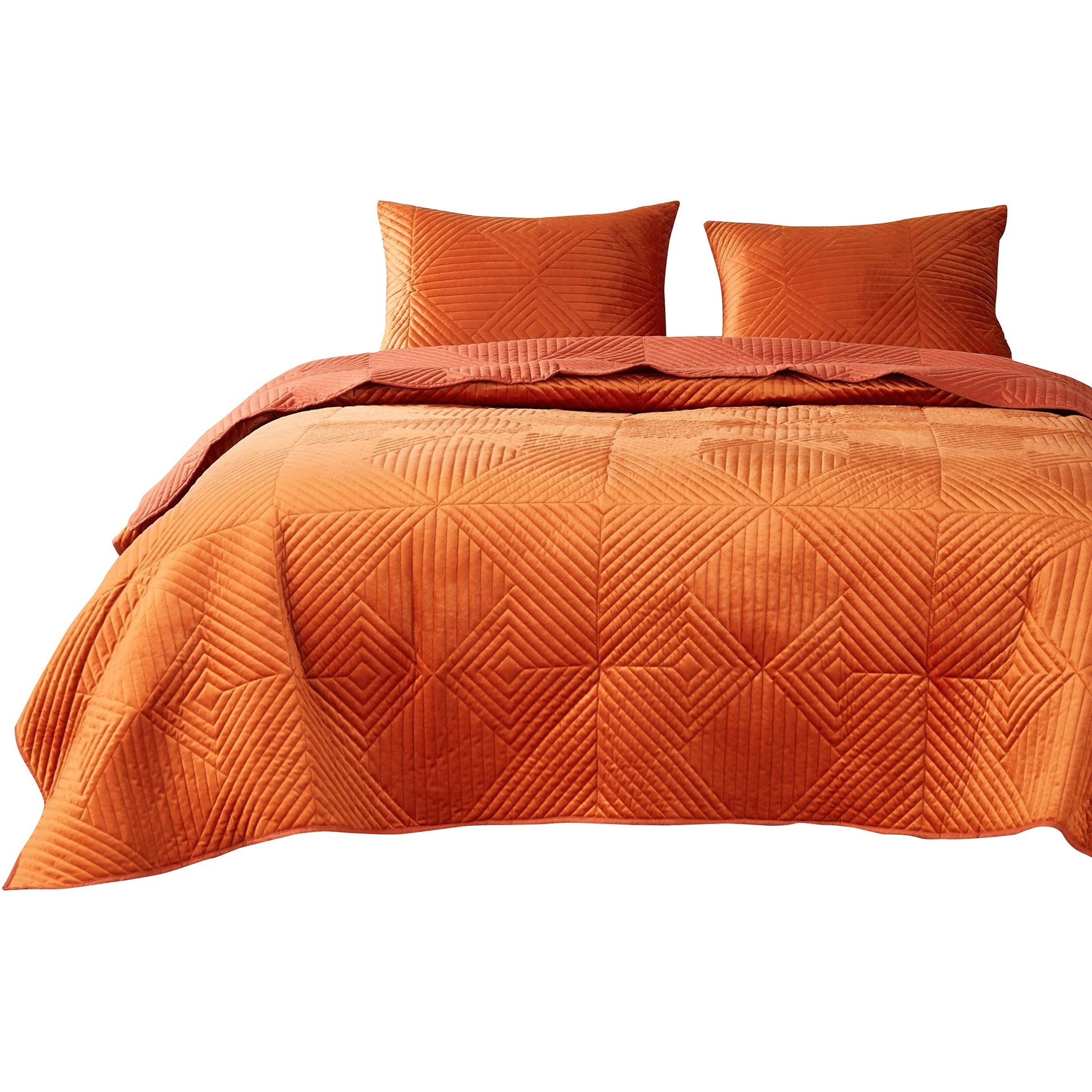 Ahab 2 Piece Velvet Twin Quilt Set, Diamond Quilting Design, Orange