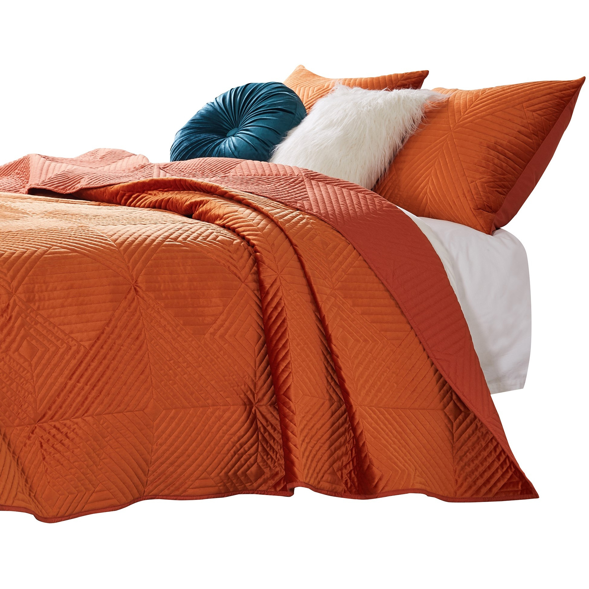 Ahab 2 Piece Velvet Twin Quilt Set, Diamond Quilting Design, Orange