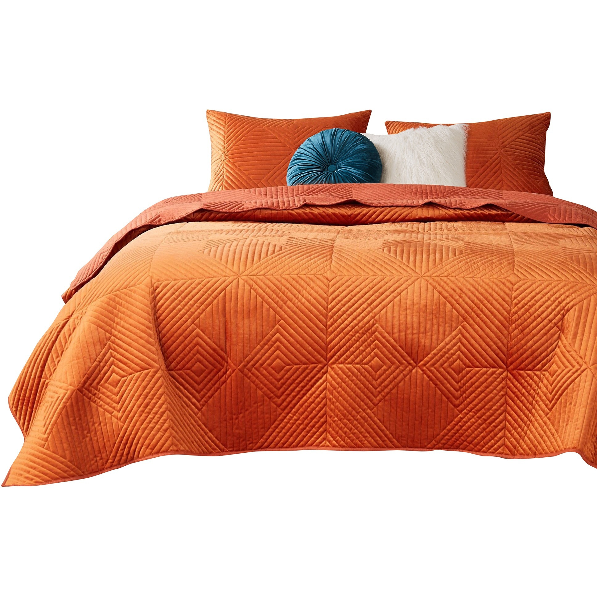 Ahab 2 Piece Velvet Twin Quilt Set, Diamond Quilting Design, Orange