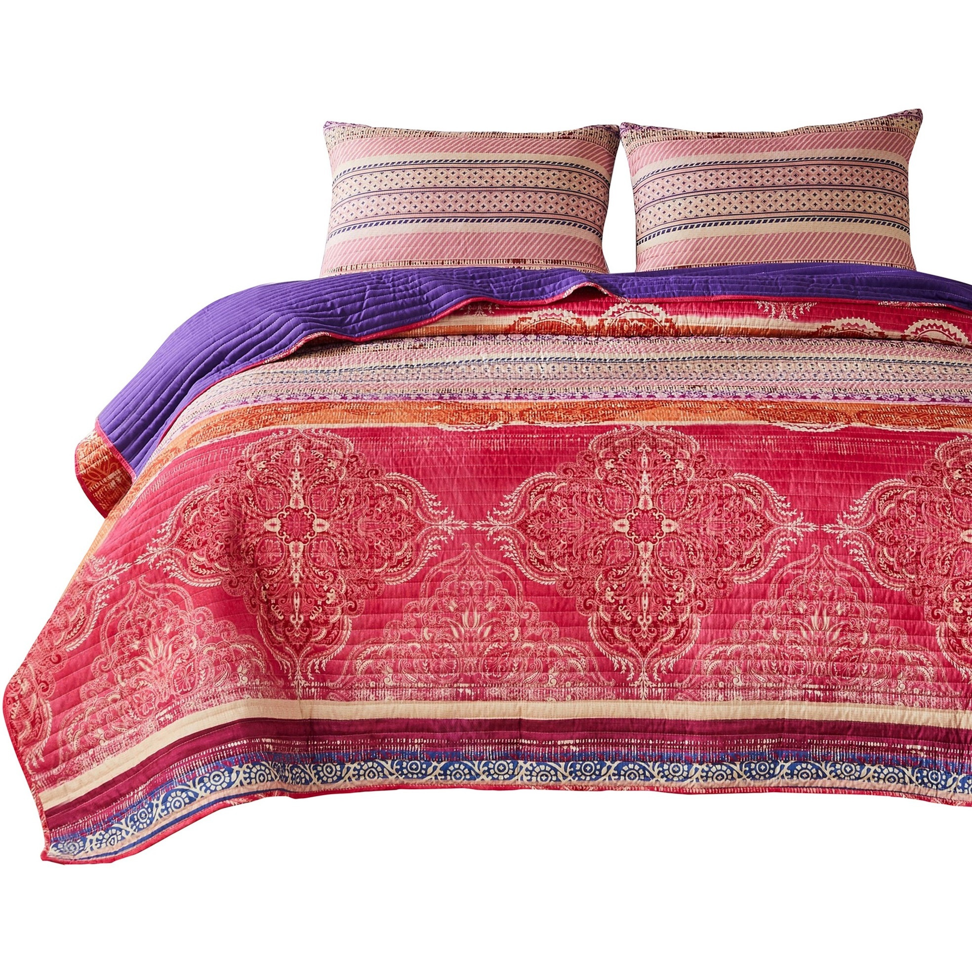Dora 3 Piece Bohemian King Quilt Set, Medallion, Paisley, Pink, Blue