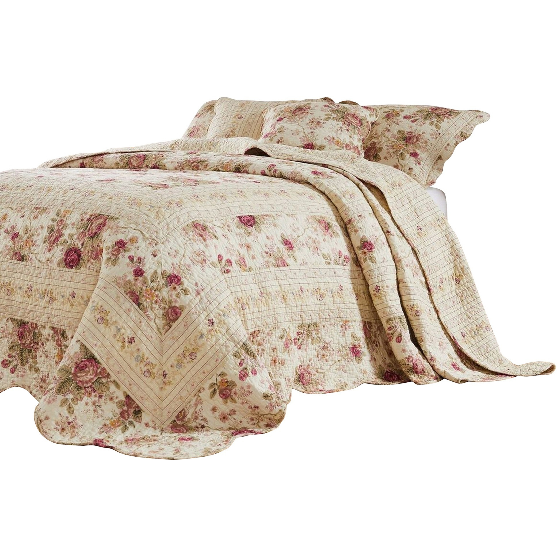 Rosle 3 Piece King Bedspread Set, Floral Print, Scalloped, Cream, Pink