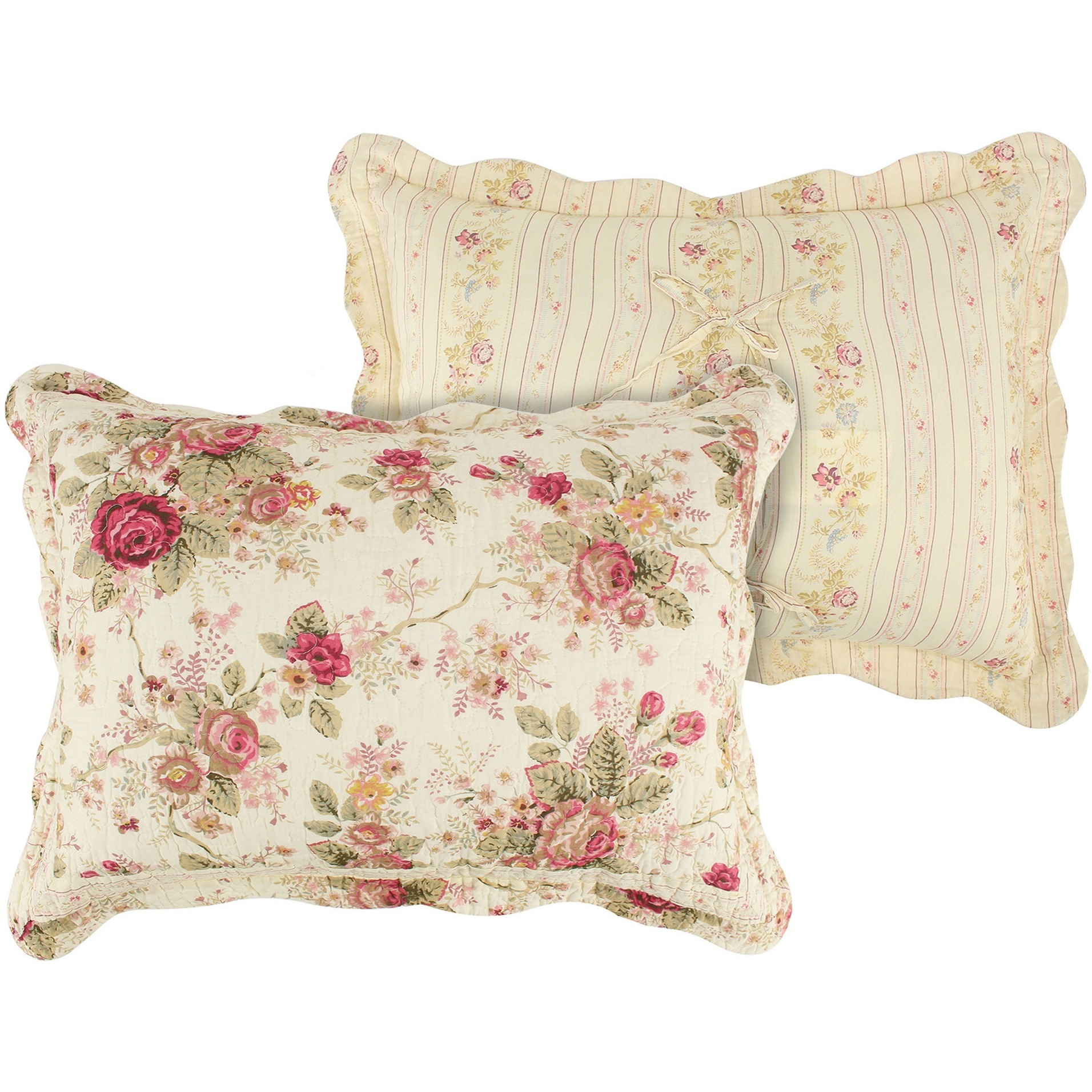 Rosle 3 Piece King Bedspread Set, Floral Print, Scalloped, Cream, Pink