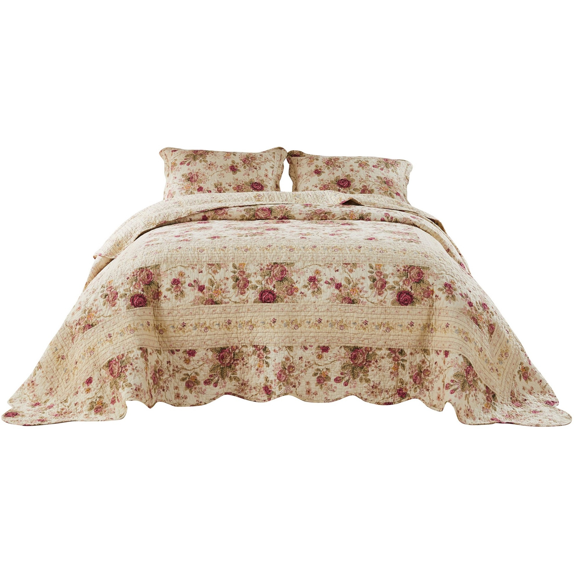 Rosle 3 Piece King Bedspread Set, Floral Print, Scalloped, Cream, Pink
