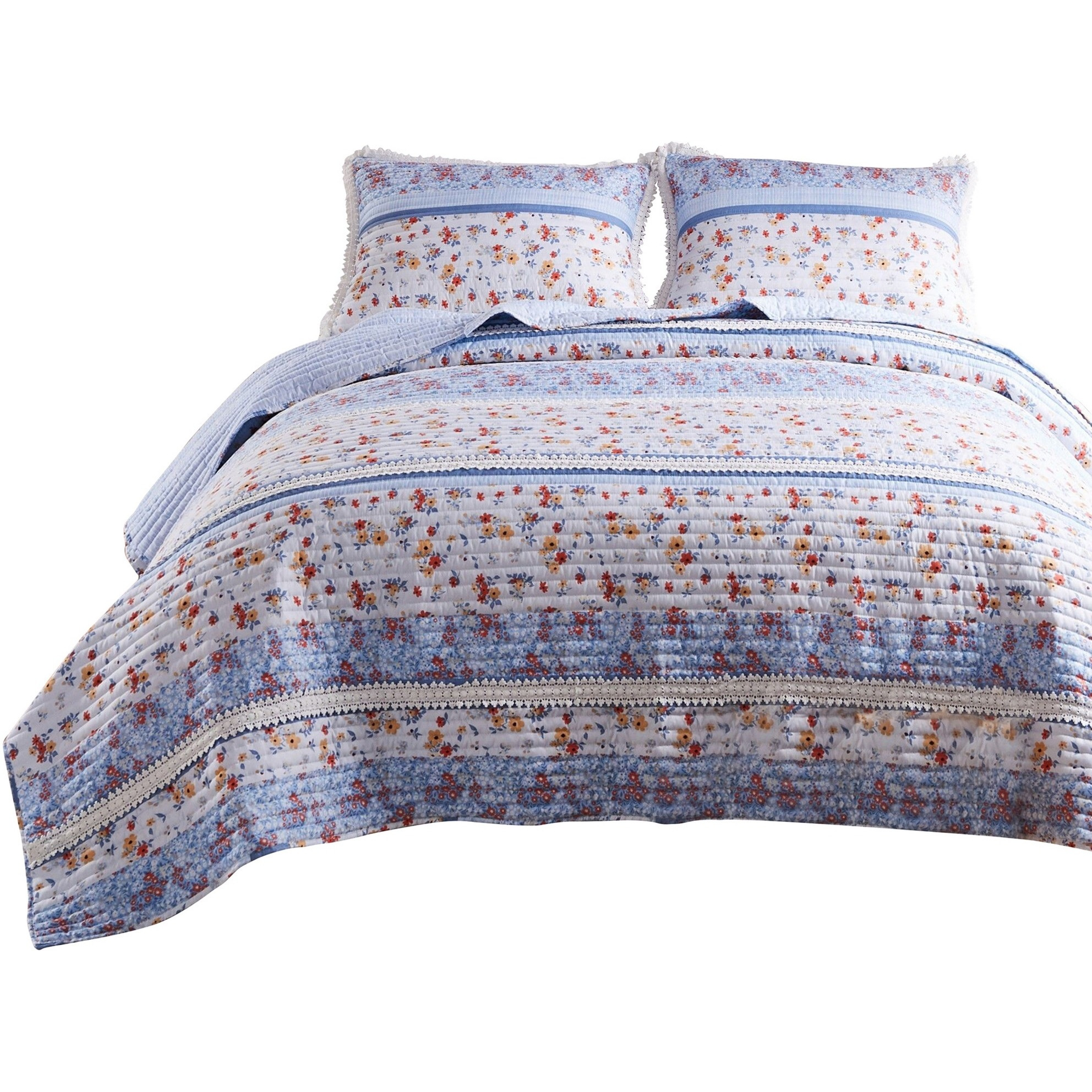 Joa 2 Piece Microfiber Twin Quilt Set, Floral Print, Lace Trim, Multicolor