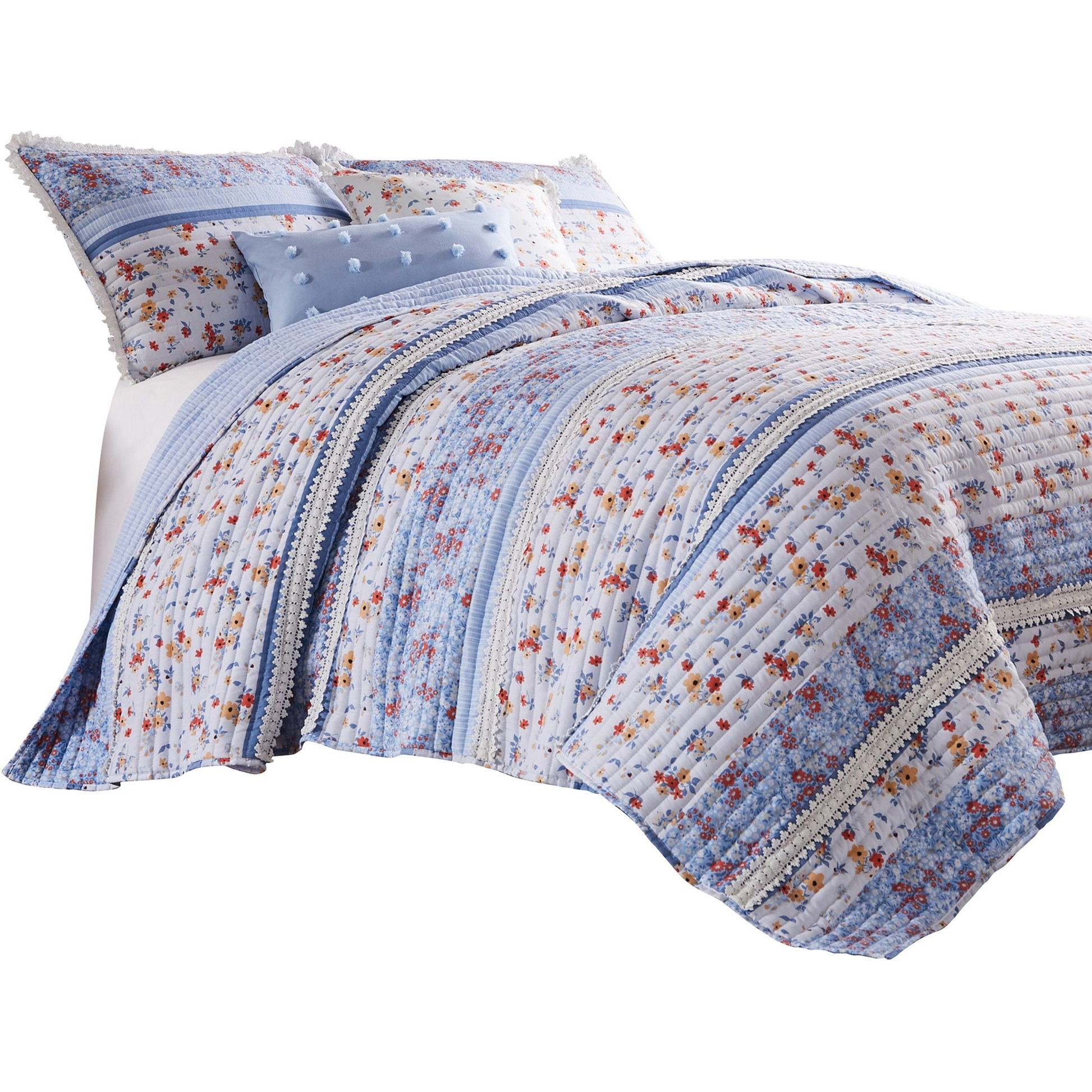 Joa 2 Piece Microfiber Twin Quilt Set, Floral Print, Lace Trim, Multicolor