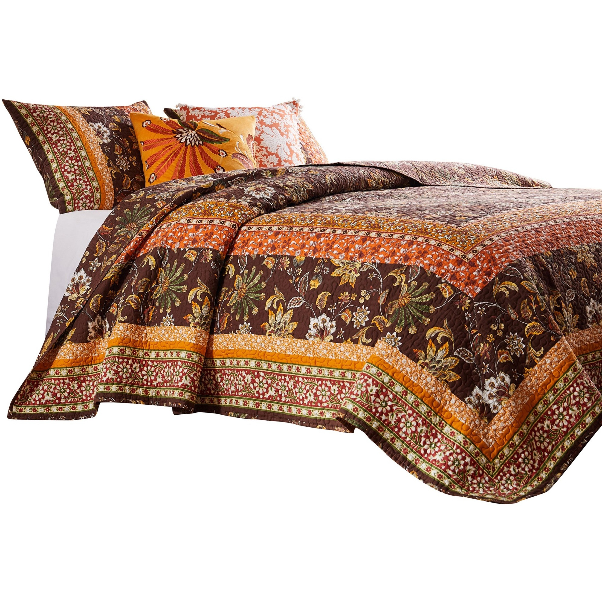 3 Piece King Quilt Set, Bohemian, Jacobean Floral Print, Brown, Orange