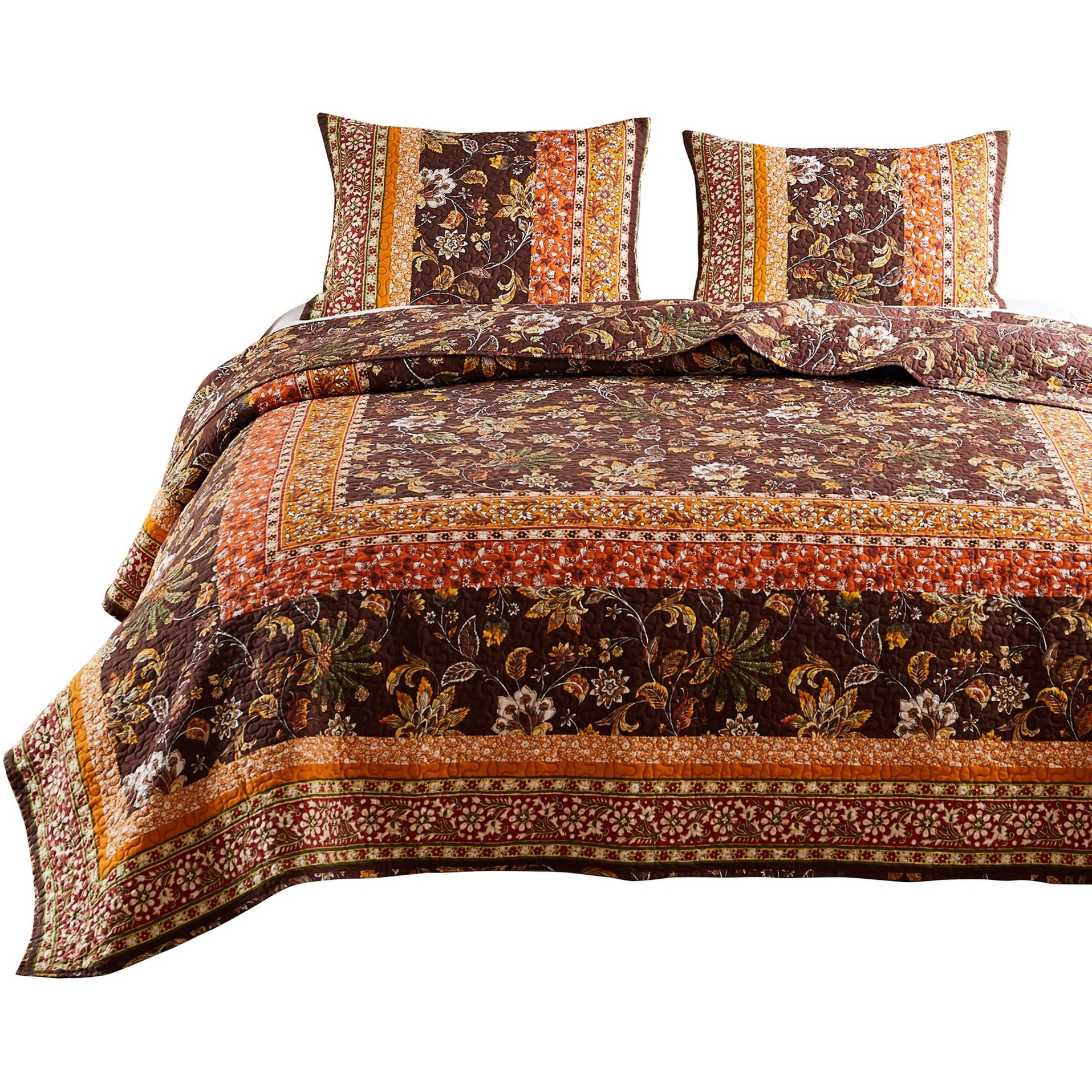 3 Piece King Quilt Set, Bohemian, Jacobean Floral Print, Brown, Orange