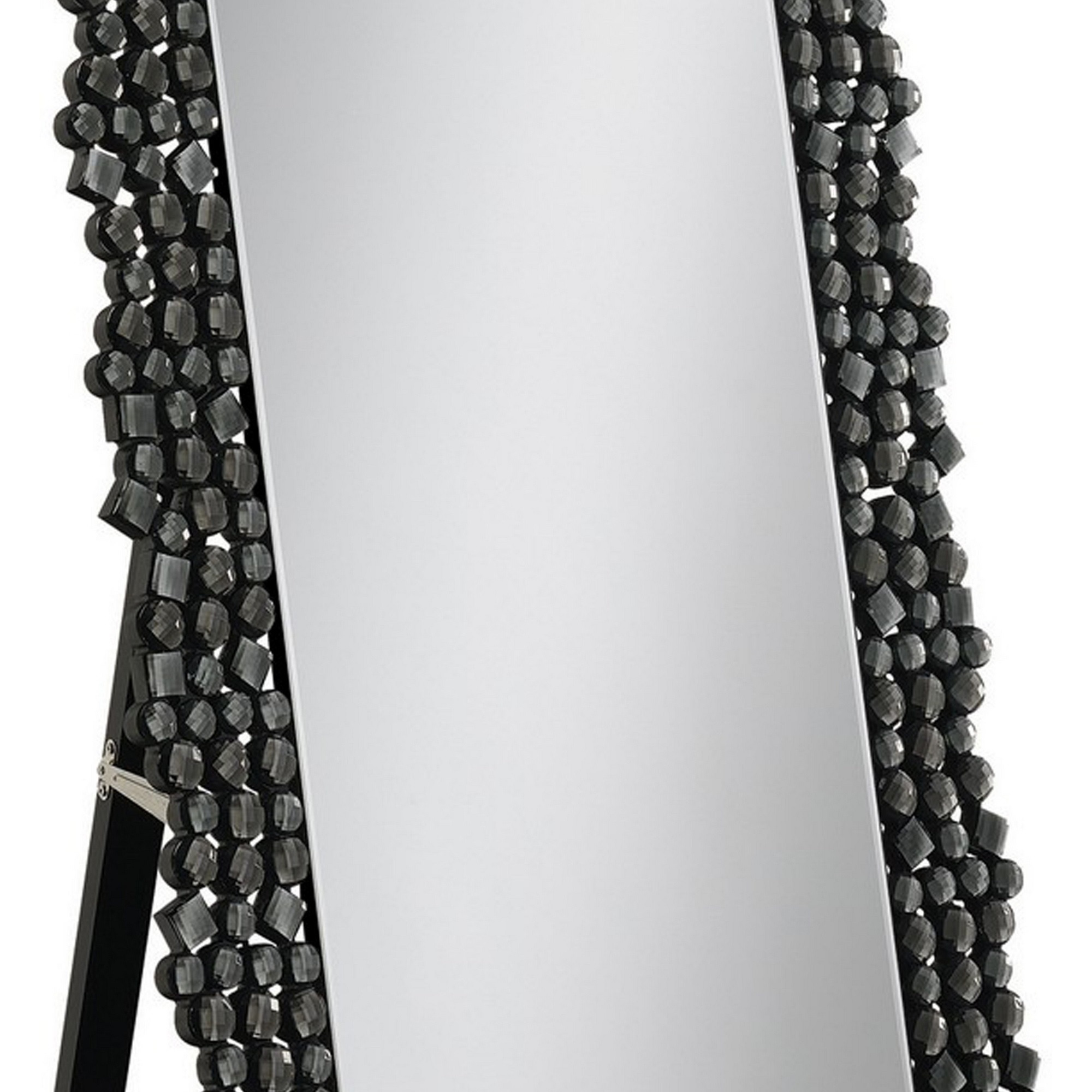 63 Inch Classic Portrait Floor Mirror, Rhinestone Inlay, Cheval, Black