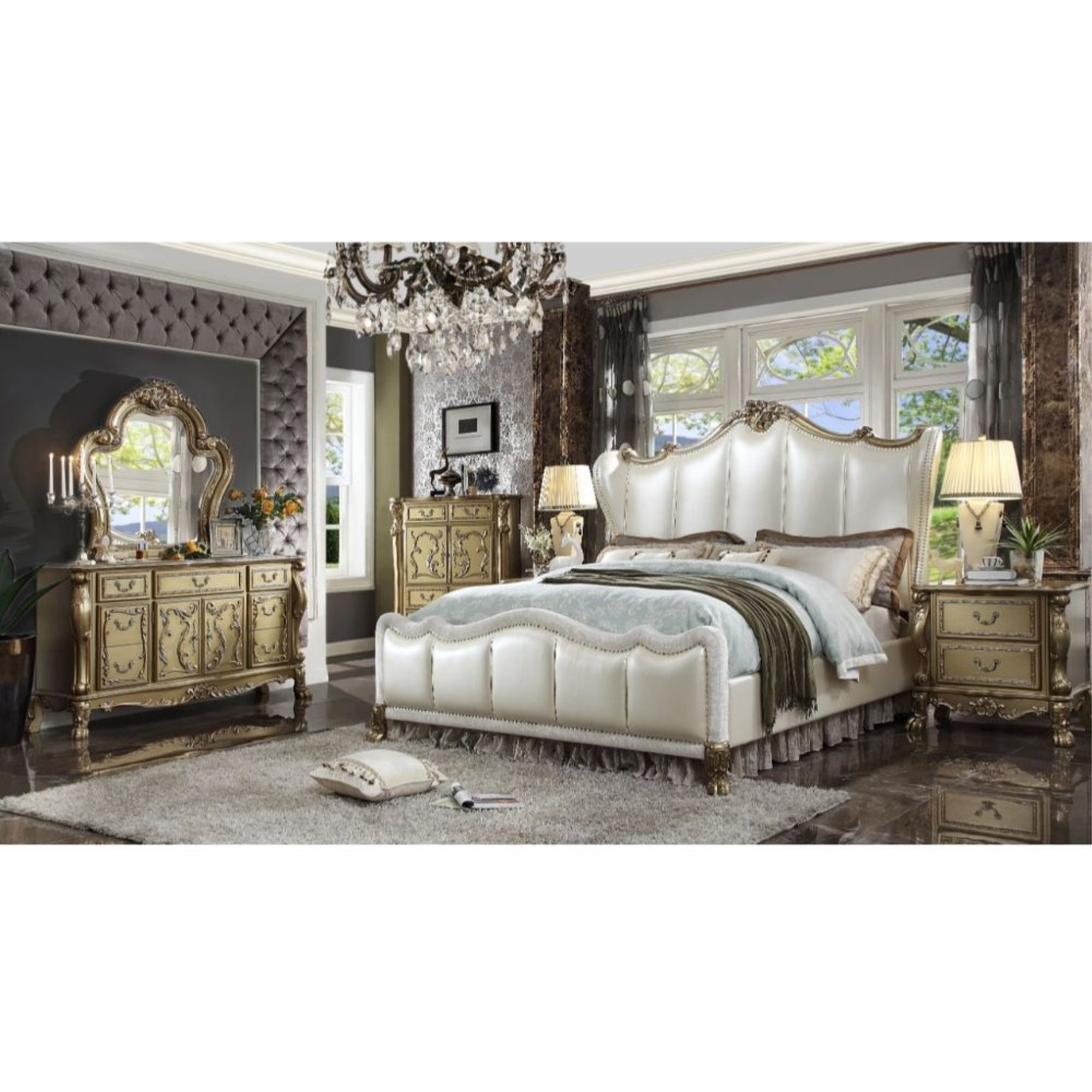ACME Dresden II Queen Bed, Pearl White PU & Gold Patina
