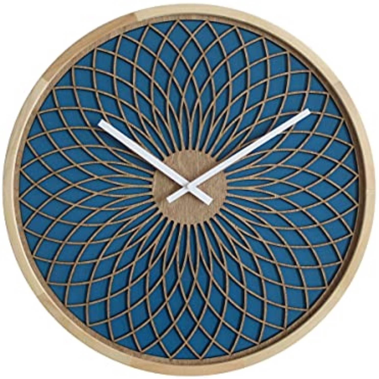STELLA, Wood Wall Clock with 3D Dial Face Pattern over a blue background