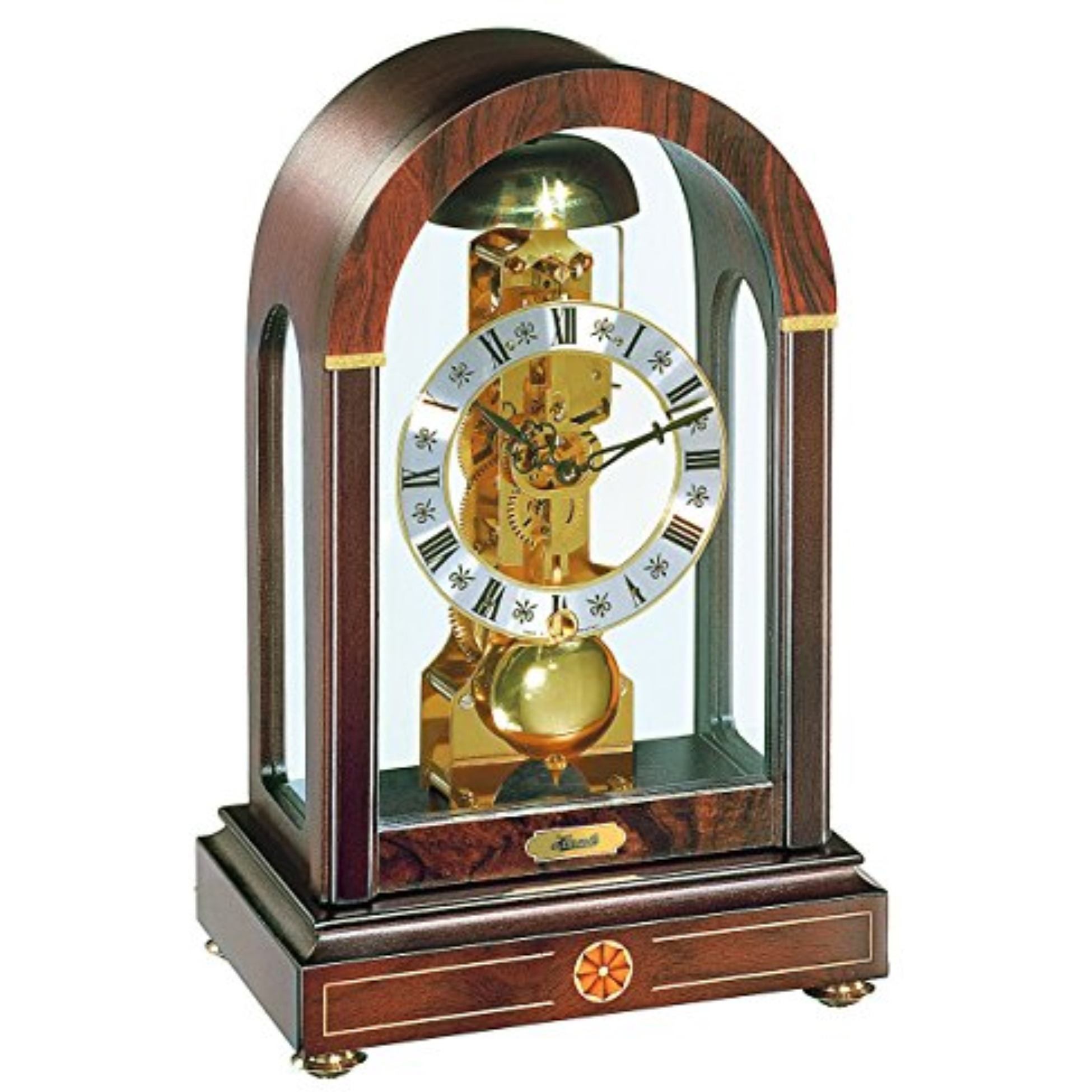 STRATFORD, This arched glass mantel clock features simple lines and a beautiful walnut finish.  The passing bell strike movement is visible from all sides.
