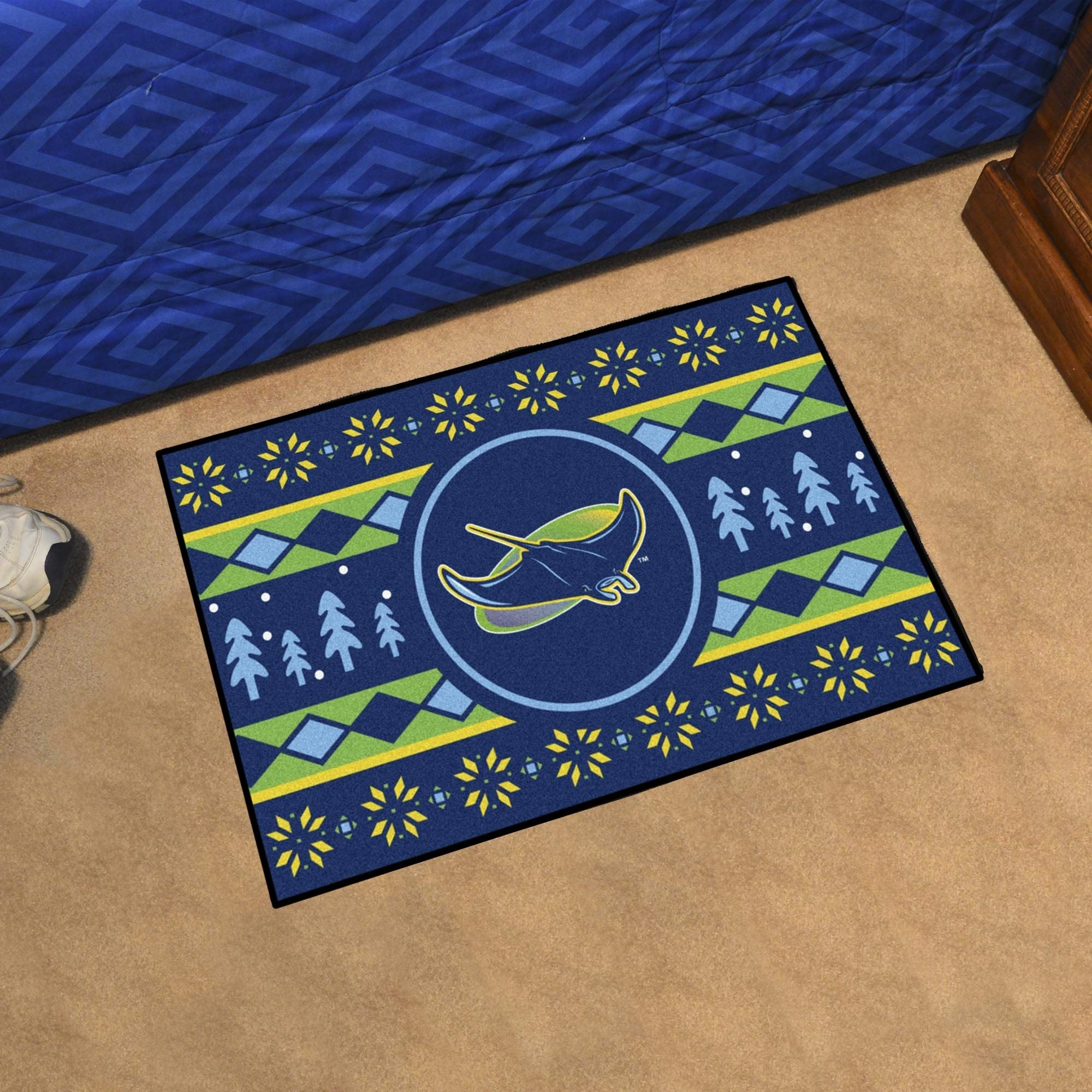 Tampa Bay Rays Holiday Sweater Starter Mat Accent Rug - 19in. x 30in. - &quotDevil Ray" Alternate Logo & Holiday Sweater Art