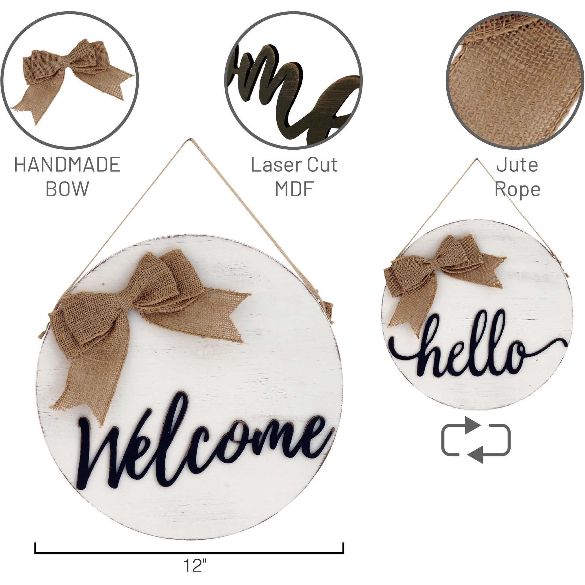 Welcome Hello Reversible Wood Wall Dcor with Burlap Bow (White)