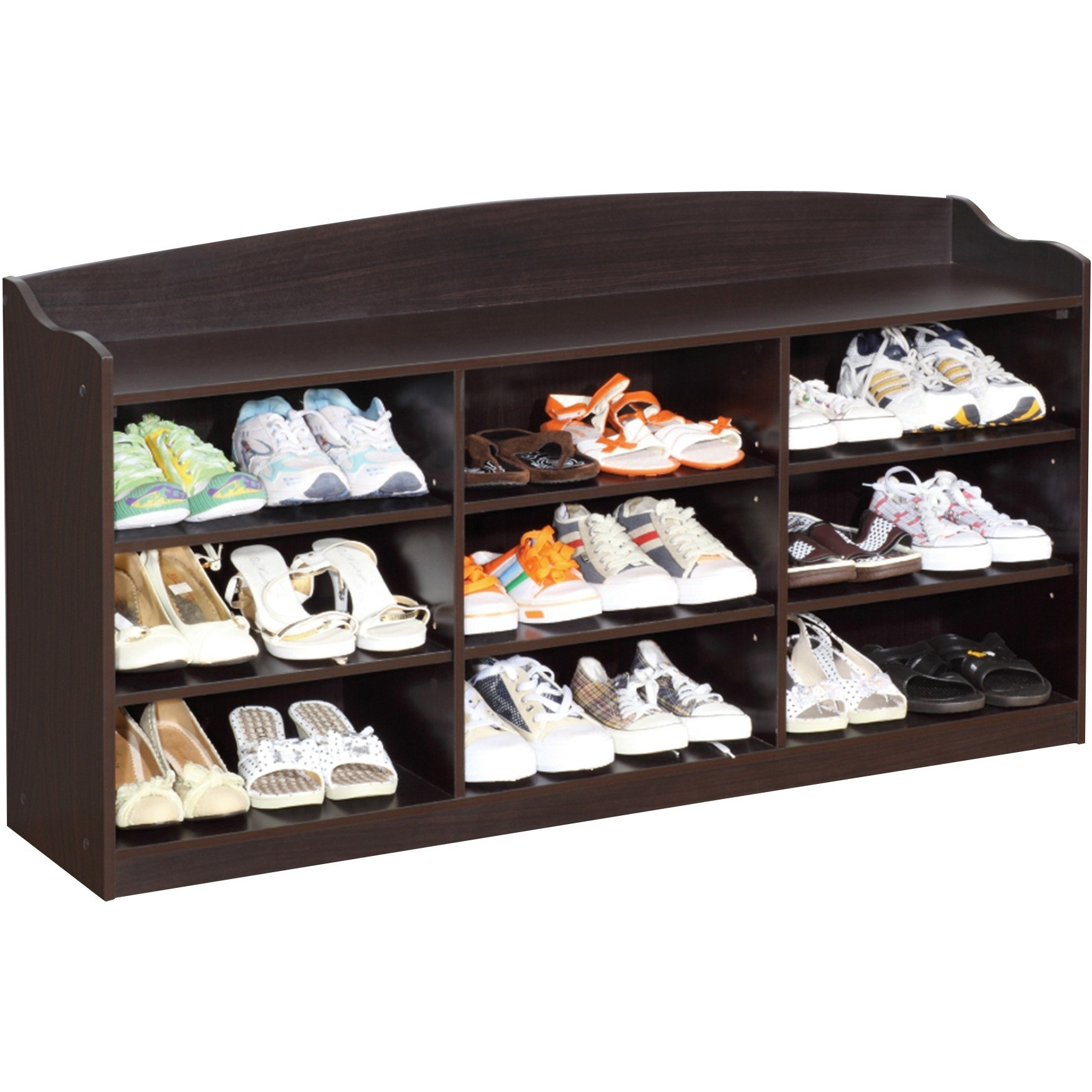48 Inch Classic Wood Shoe Rack, 9 Cubbies, Elegant Wood Grains, Dark Brown
