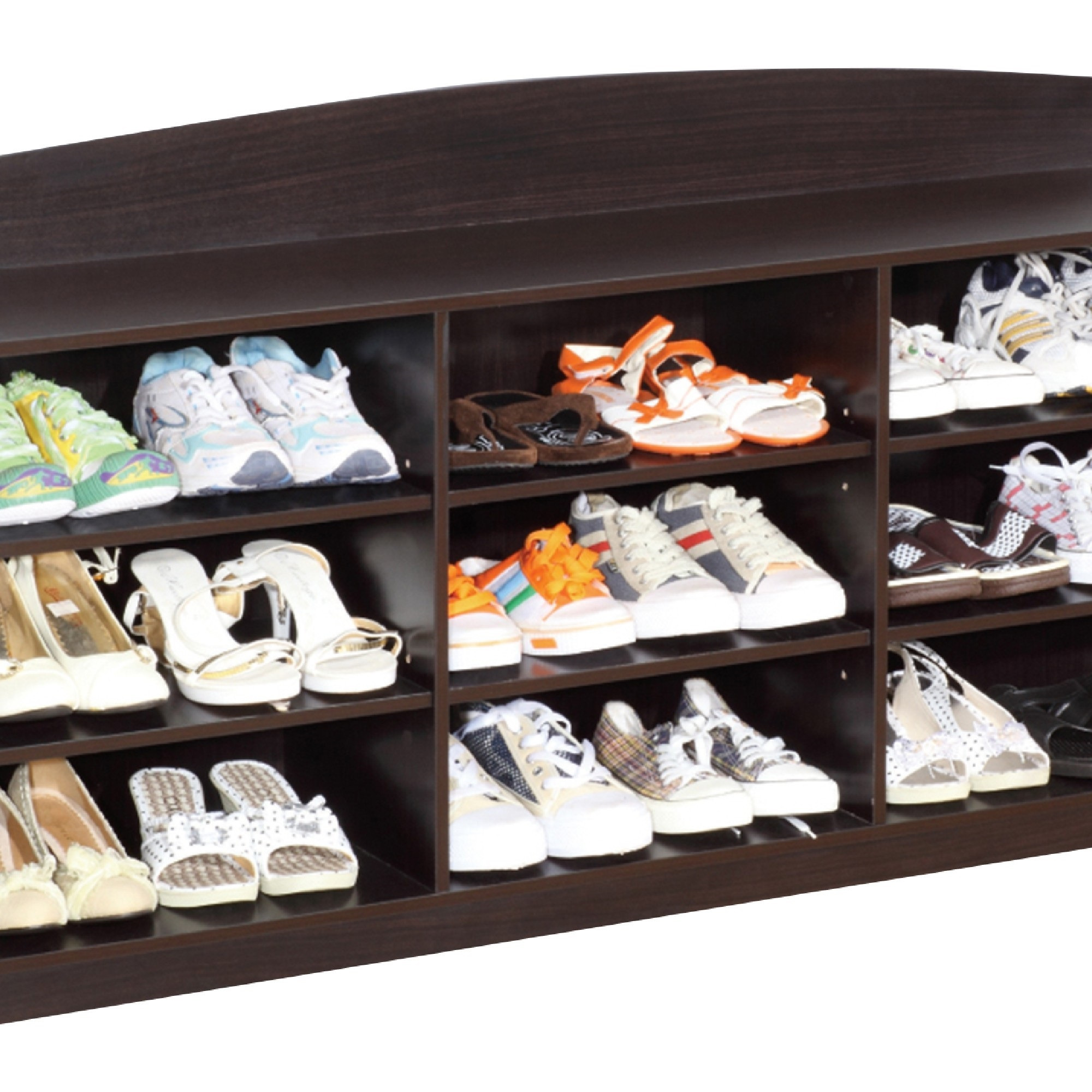 48 Inch Classic Wood Shoe Rack, 9 Cubbies, Elegant Wood Grains, Dark Brown