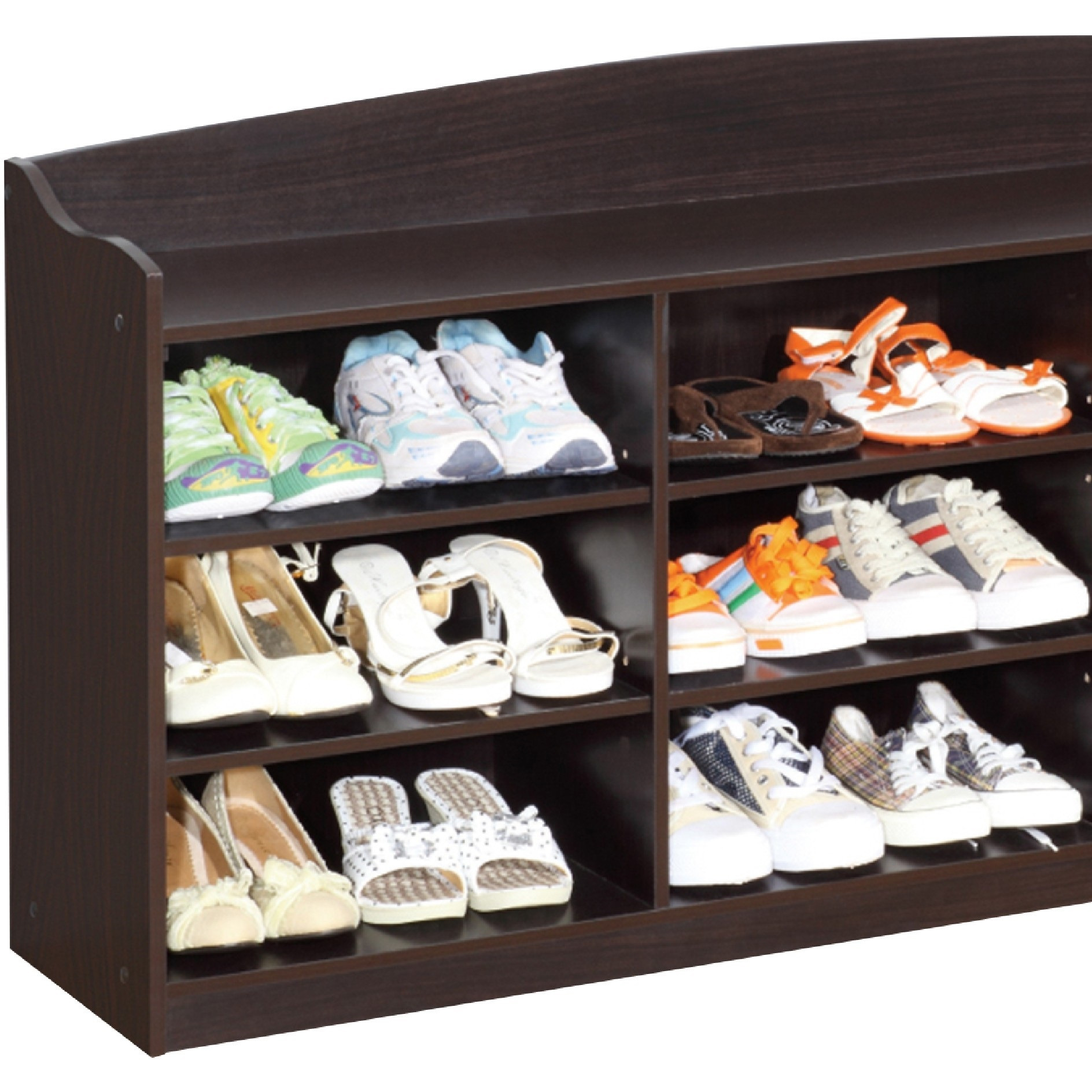 48 Inch Classic Wood Shoe Rack, 9 Cubbies, Elegant Wood Grains, Dark Brown