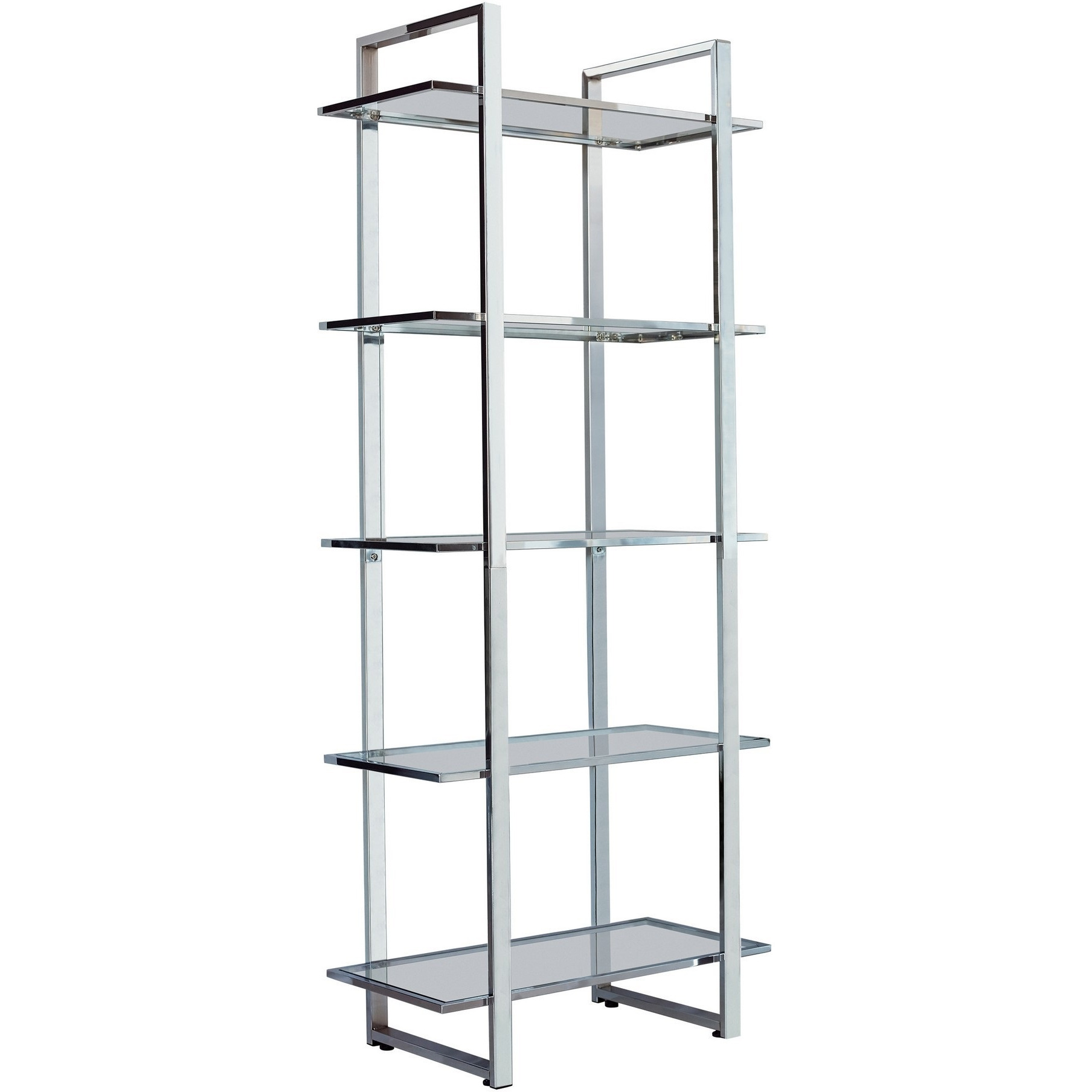 79 Inch Bookcase, Metal Frame, Tempered Glass Shelves, Polished, Silver