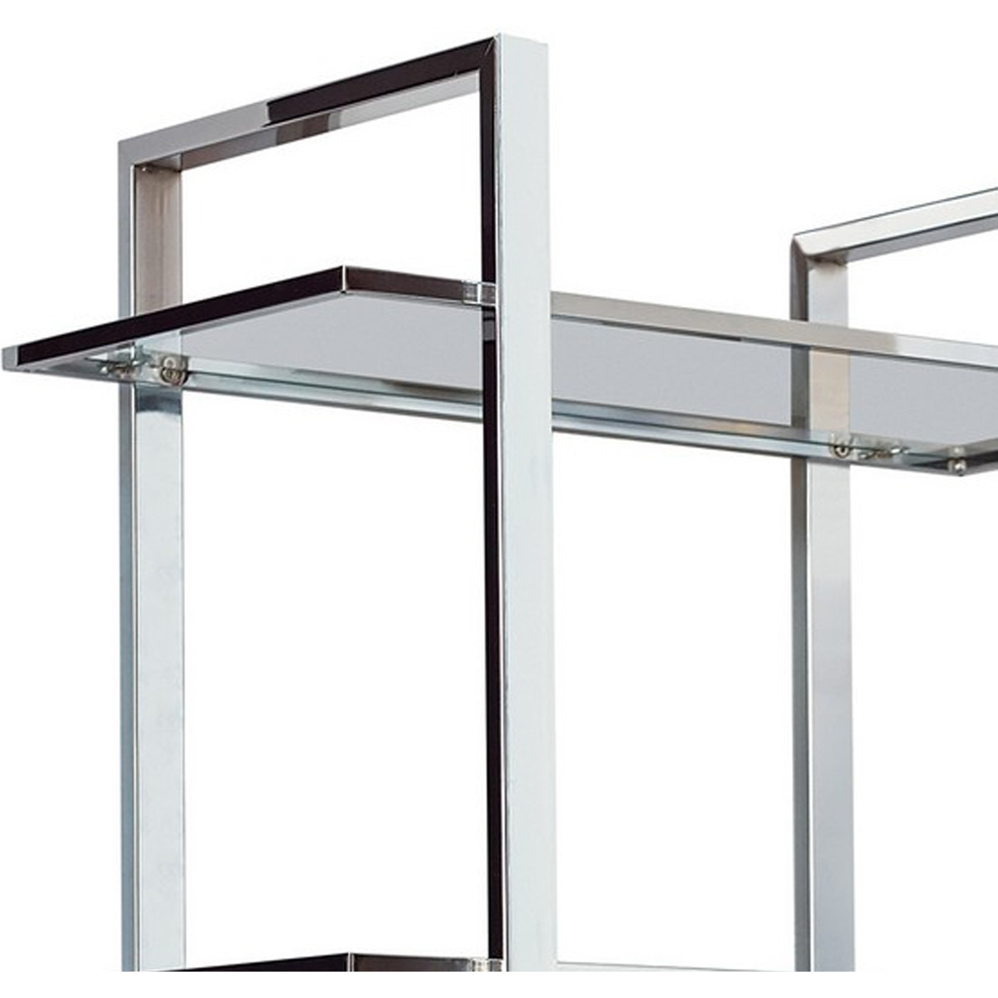79 Inch Bookcase, Metal Frame, Tempered Glass Shelves, Polished, Silver