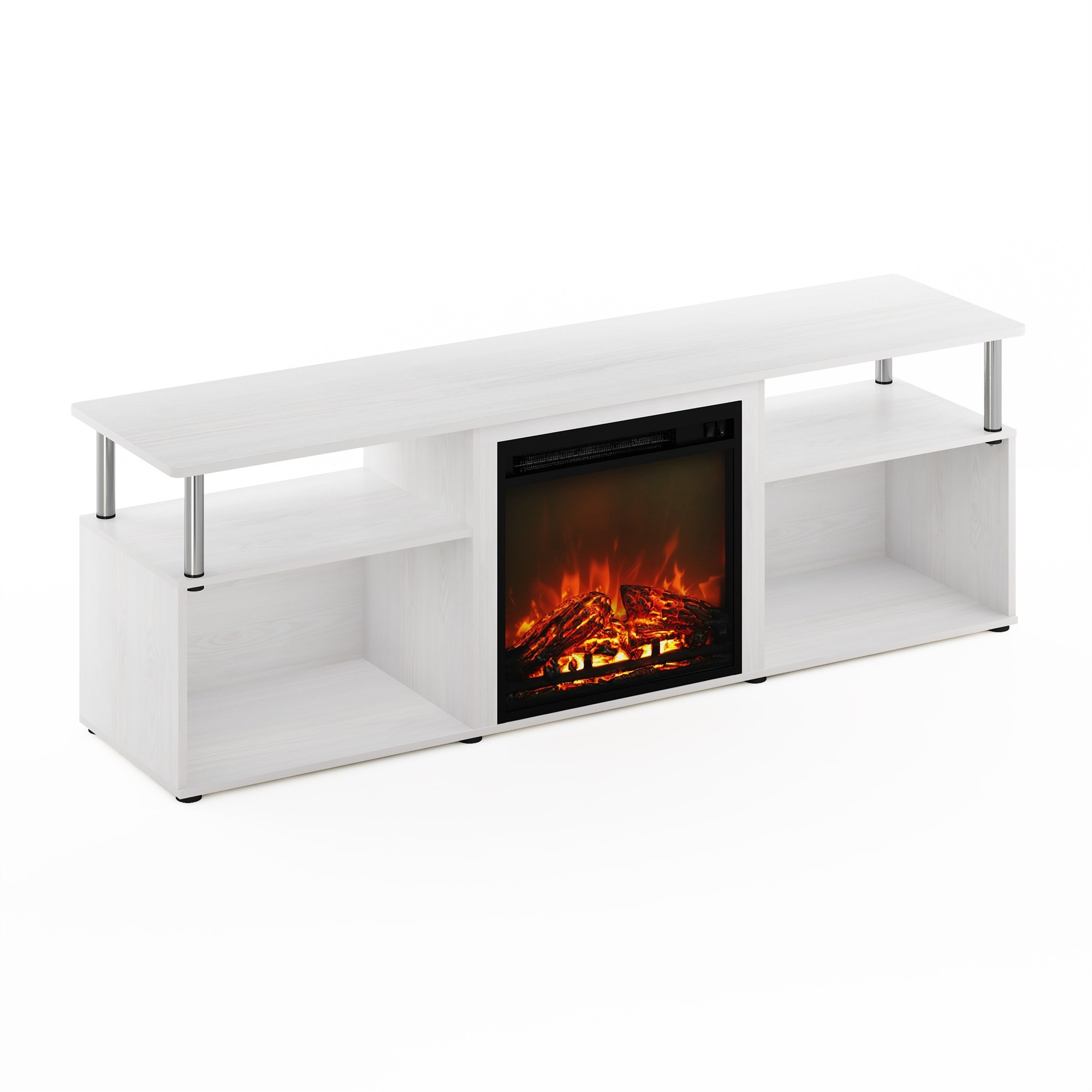Furinno Jensen Fireplace Entertainment Center for TV up to 70 Inch with Stainless Steel Tubes, White Oak/Chrome