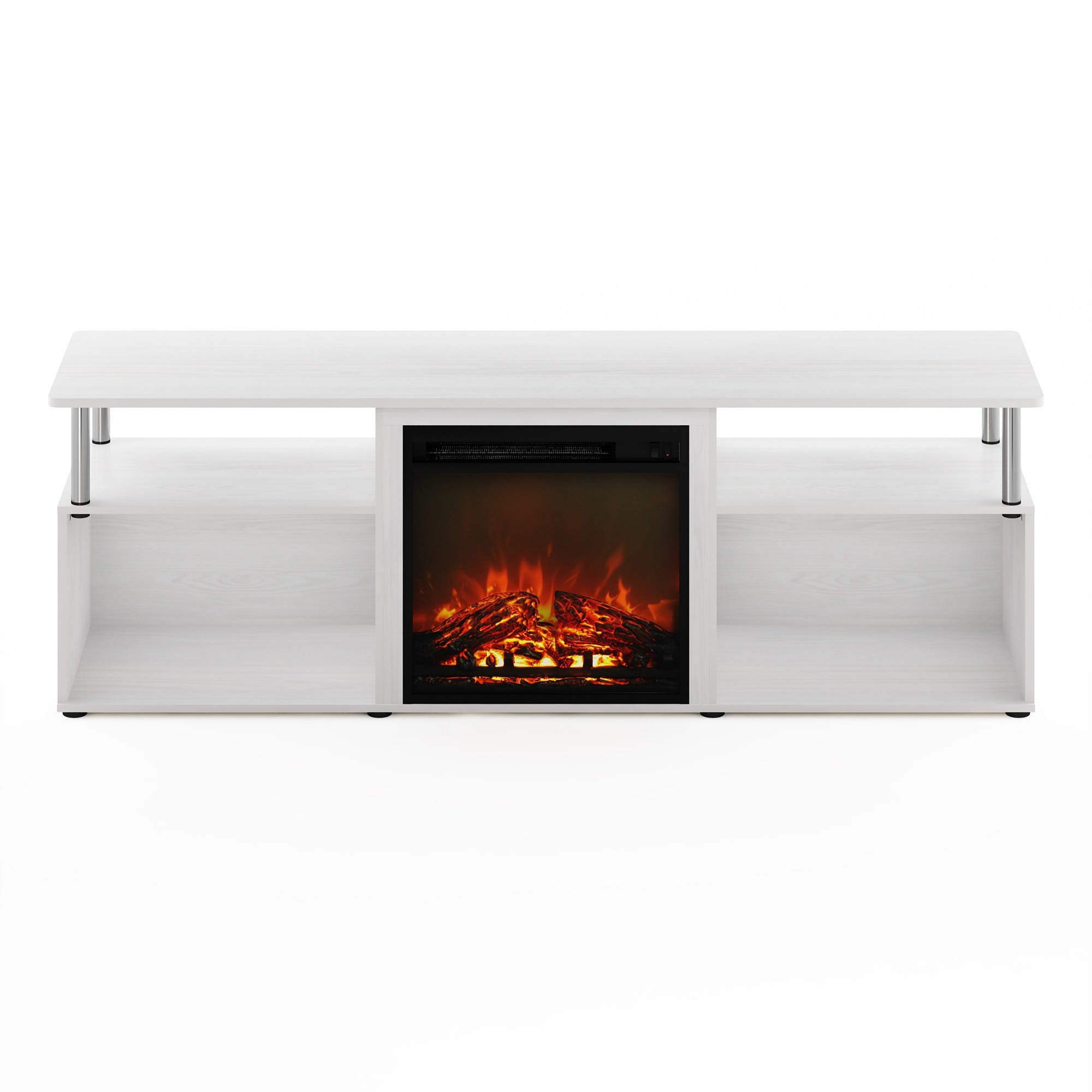 Furinno Jensen Fireplace Entertainment Center for TV up to 70 Inch with Stainless Steel Tubes, White Oak/Chrome