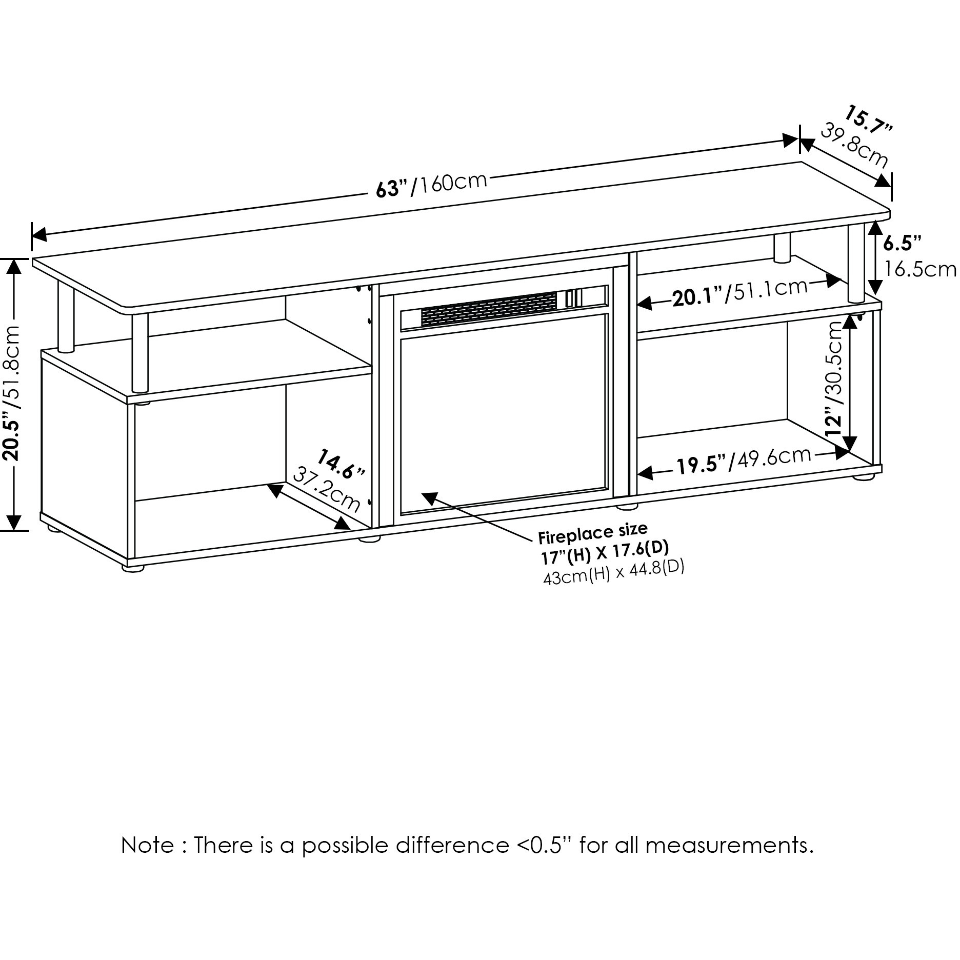 Furinno Jensen Fireplace Entertainment Center for TV up to 70 Inch with Stainless Steel Tubes, White Oak/Chrome