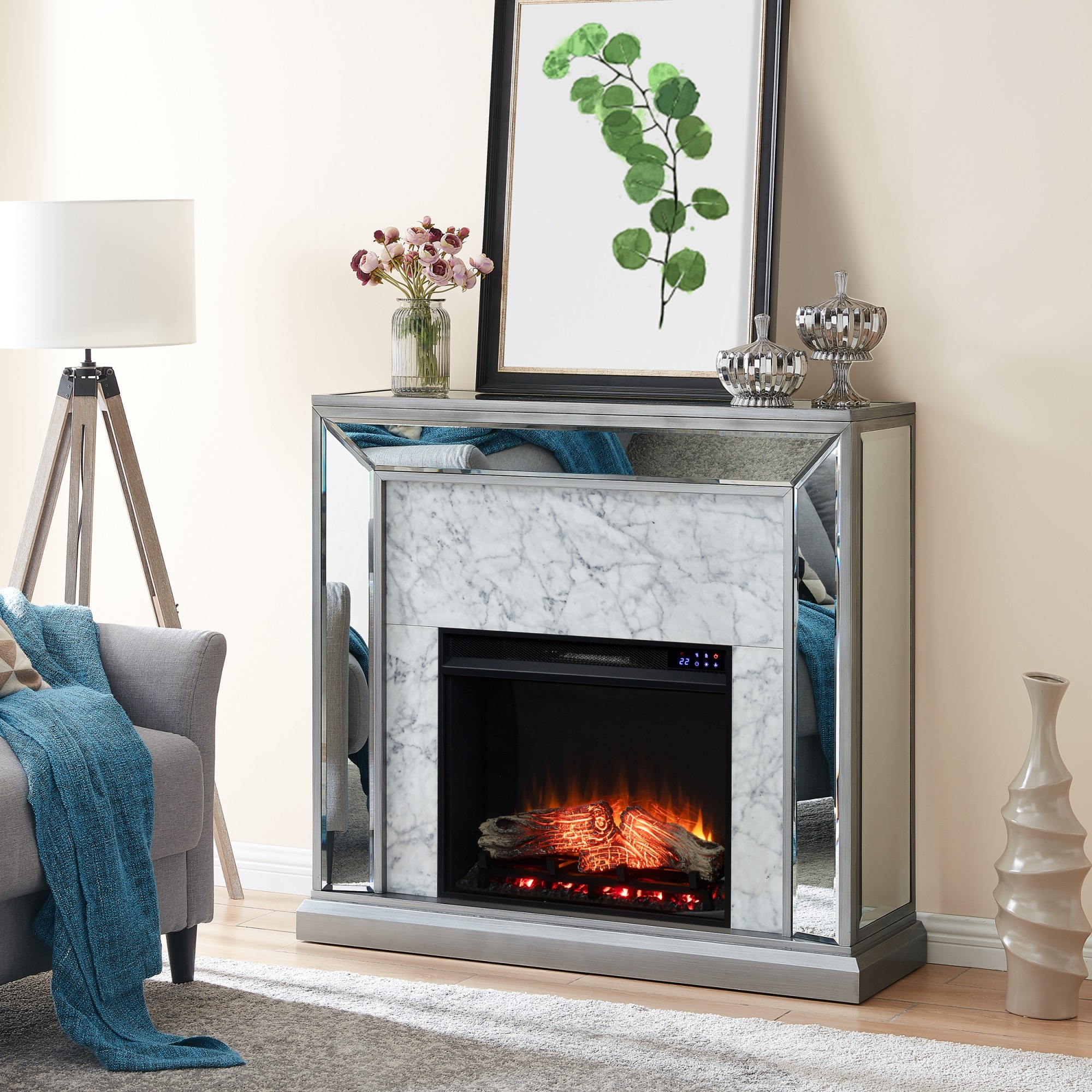 Trandling Mirrored Touch Screen Electric Fireplace with Faux Marble