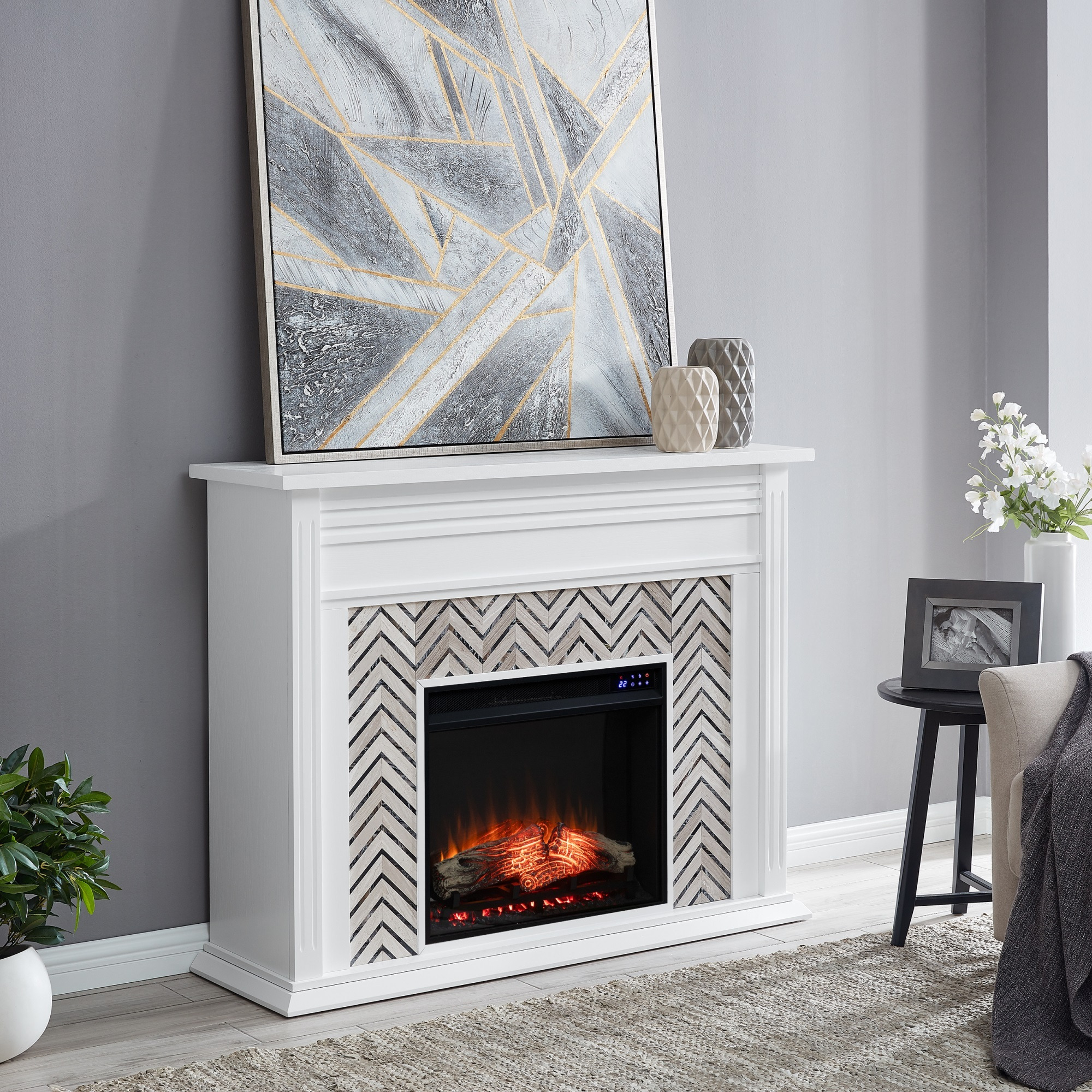 Hebbington Tiled Marble Electric Fireplace with Touch Screen