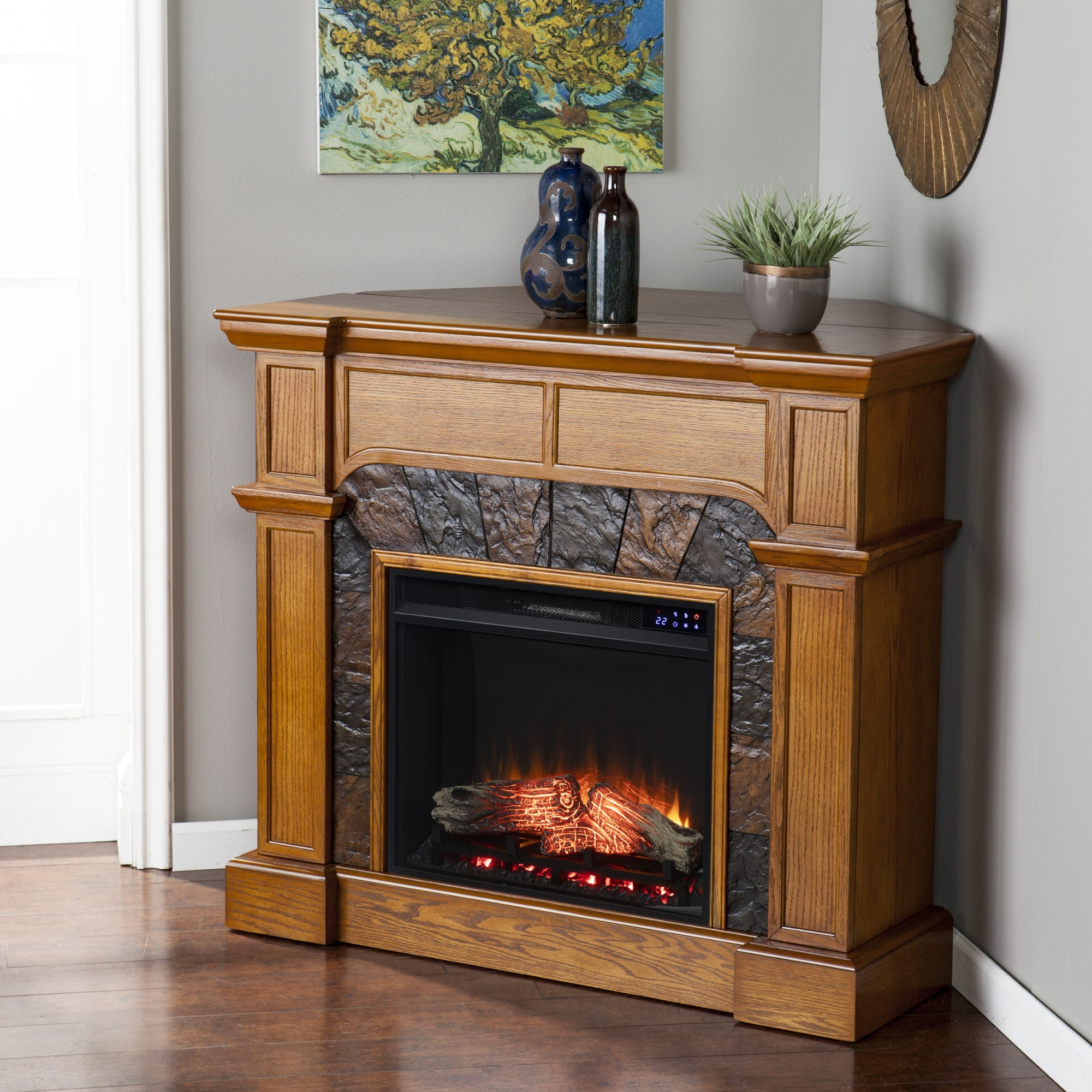 Cartwright Corner Convertible Touch Screen Electric Fireplace with Faux Stone Surround