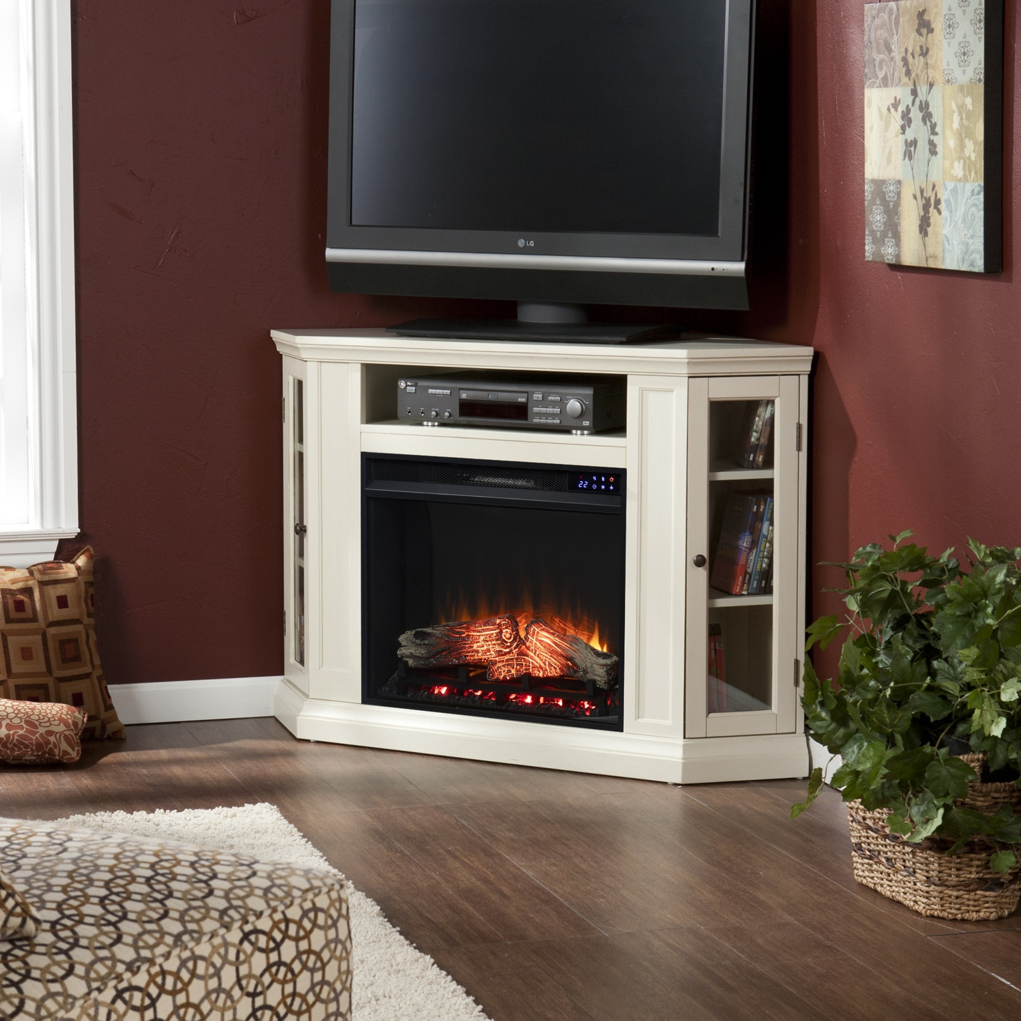 Claremont Electric Corner Touch Screen Fireplace with Storage - Ivory