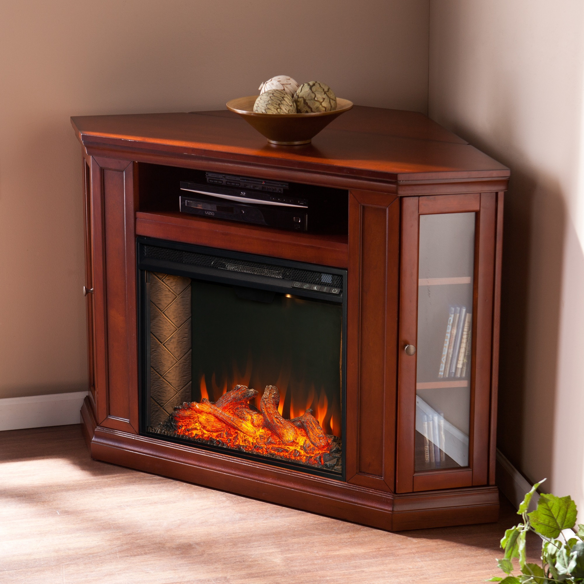 Claremont Electric Corner Touch Screen Fireplace with Storage - Brown Mahogany