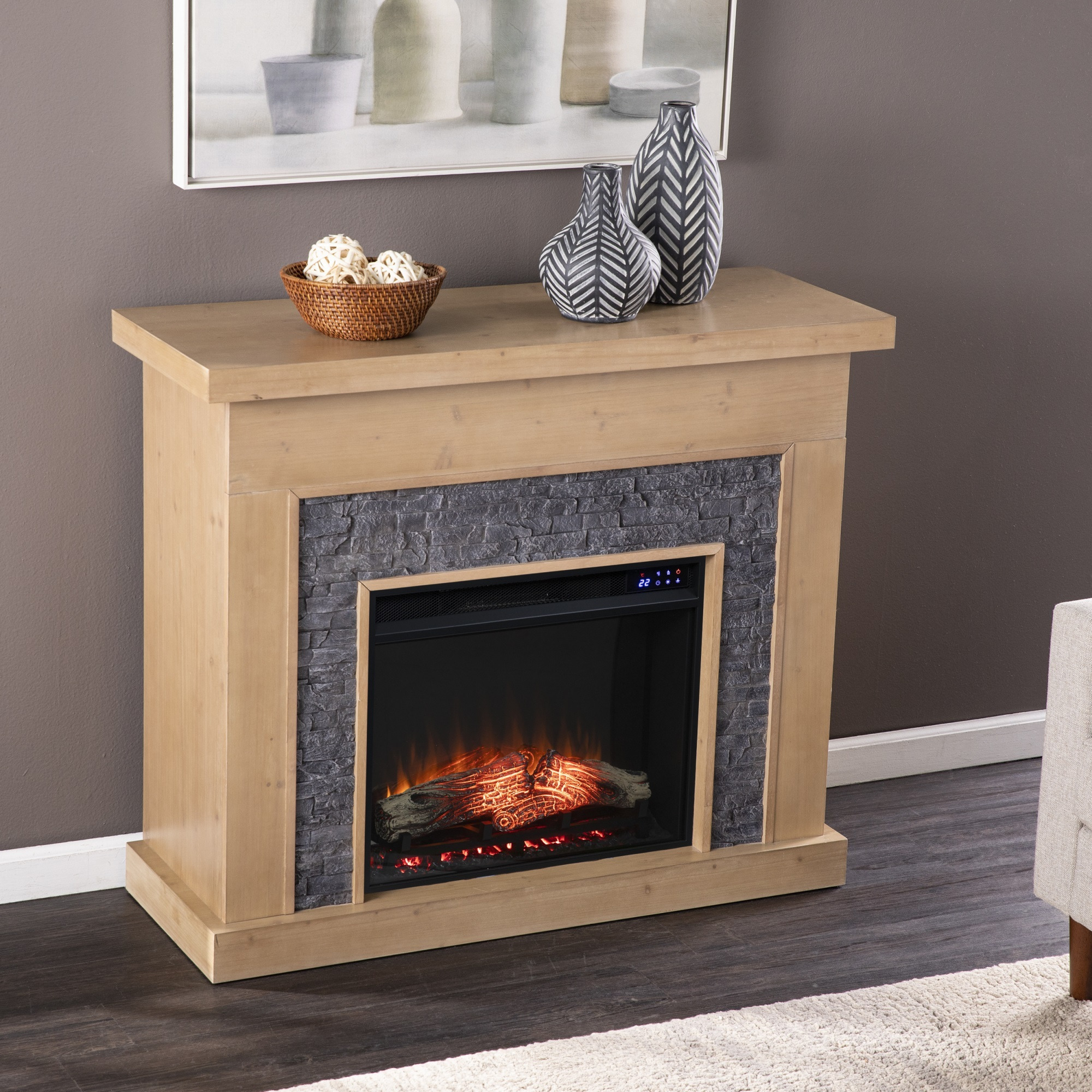Standlon Touch Screen Electric Fireplace with Faux Stone Surround
