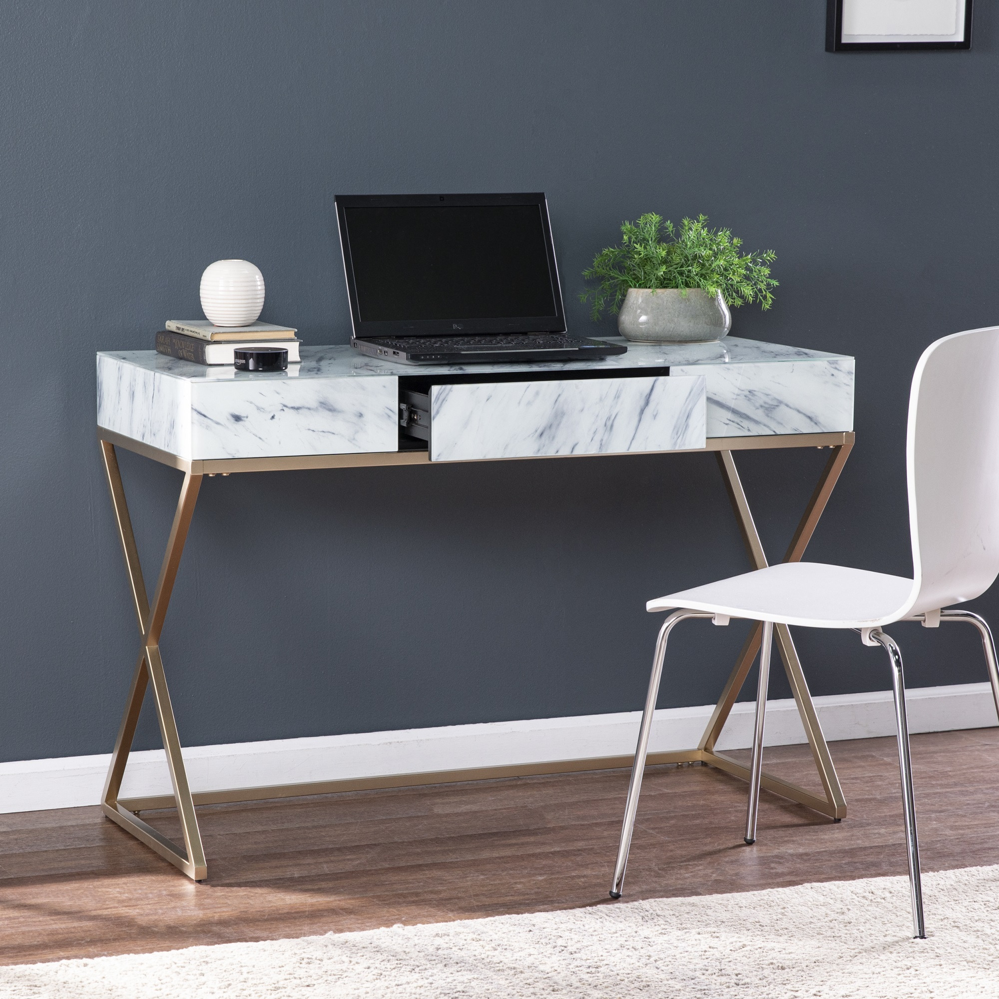 Kamblemore Faux Marble Writing Desk with Storage