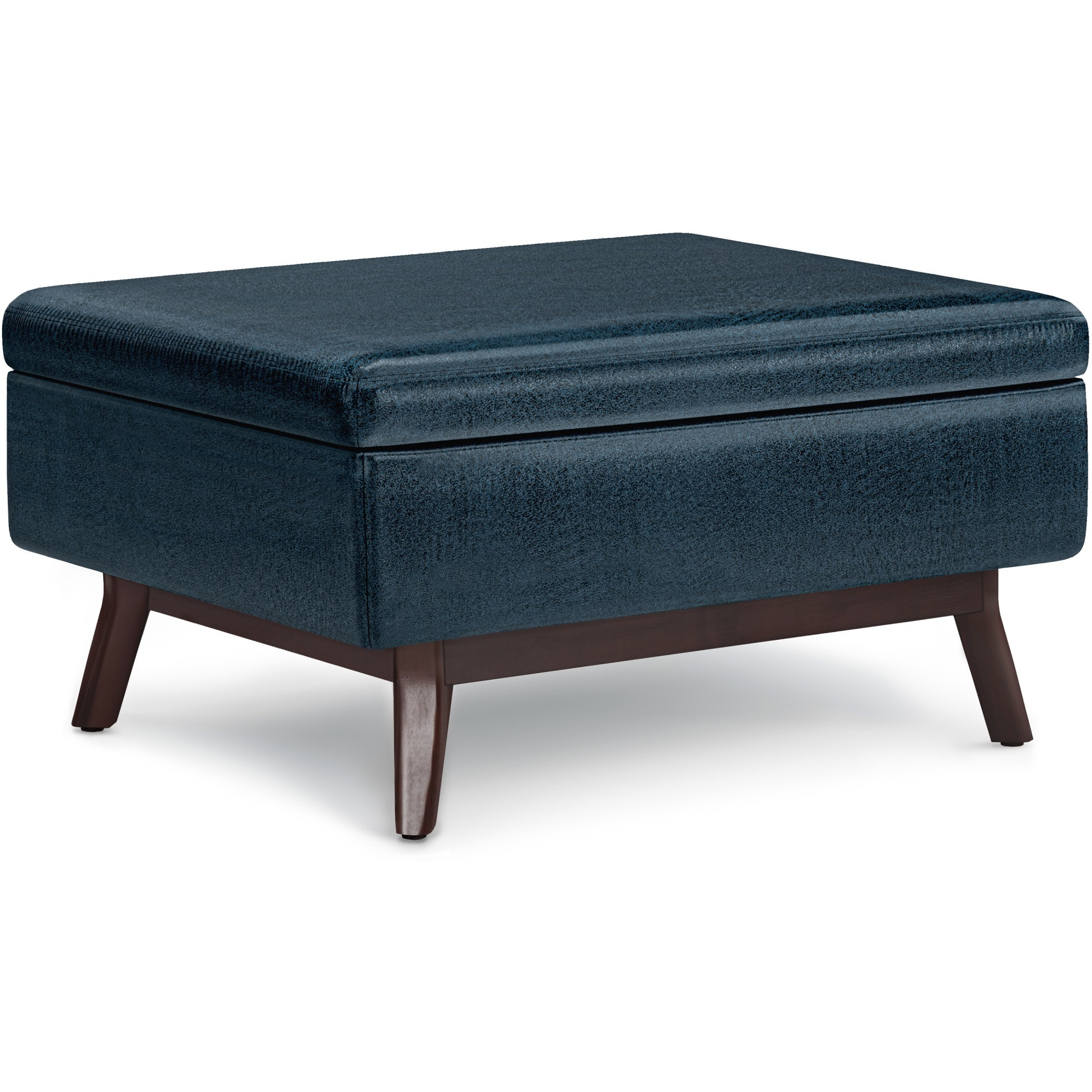 Owen Coffee Table Storage Ottoman in Distressed Dark Blue Faux Leather