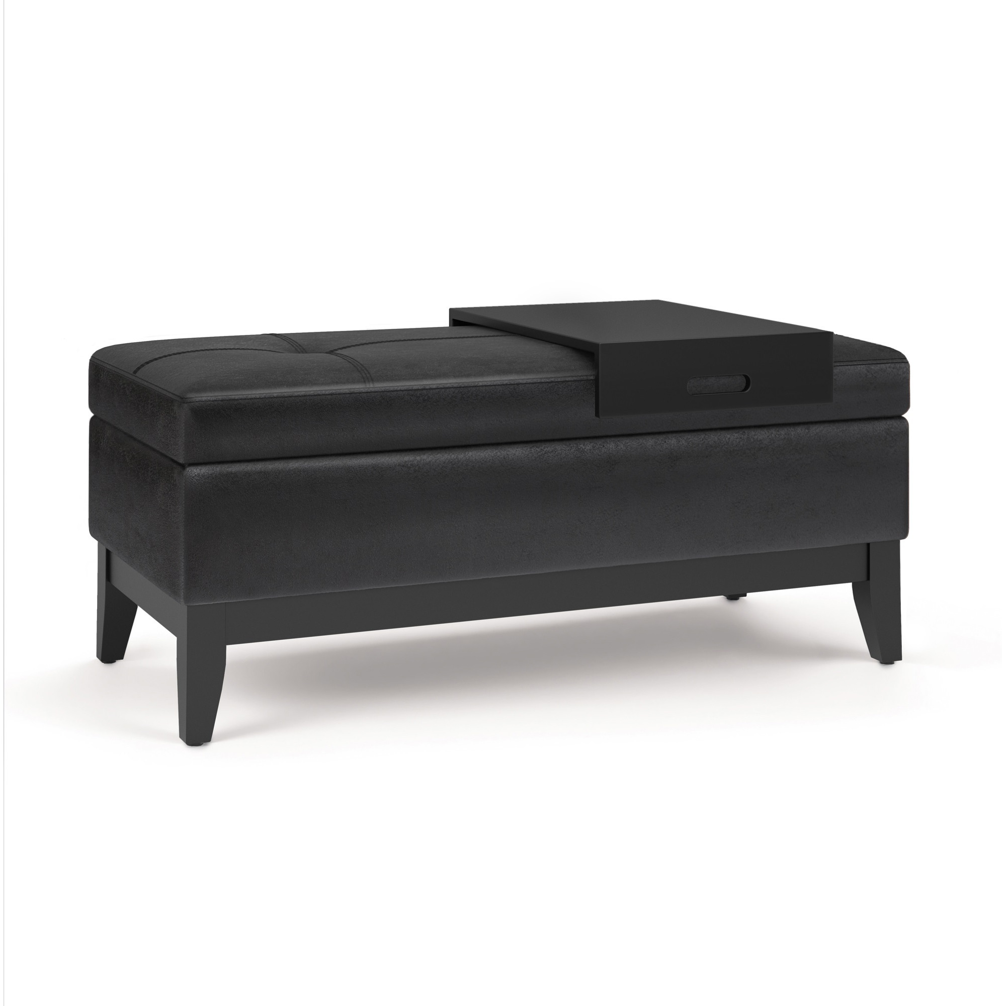 Oregon Storage Ottoman Bench with Tray in Distressed Black Faux Leather