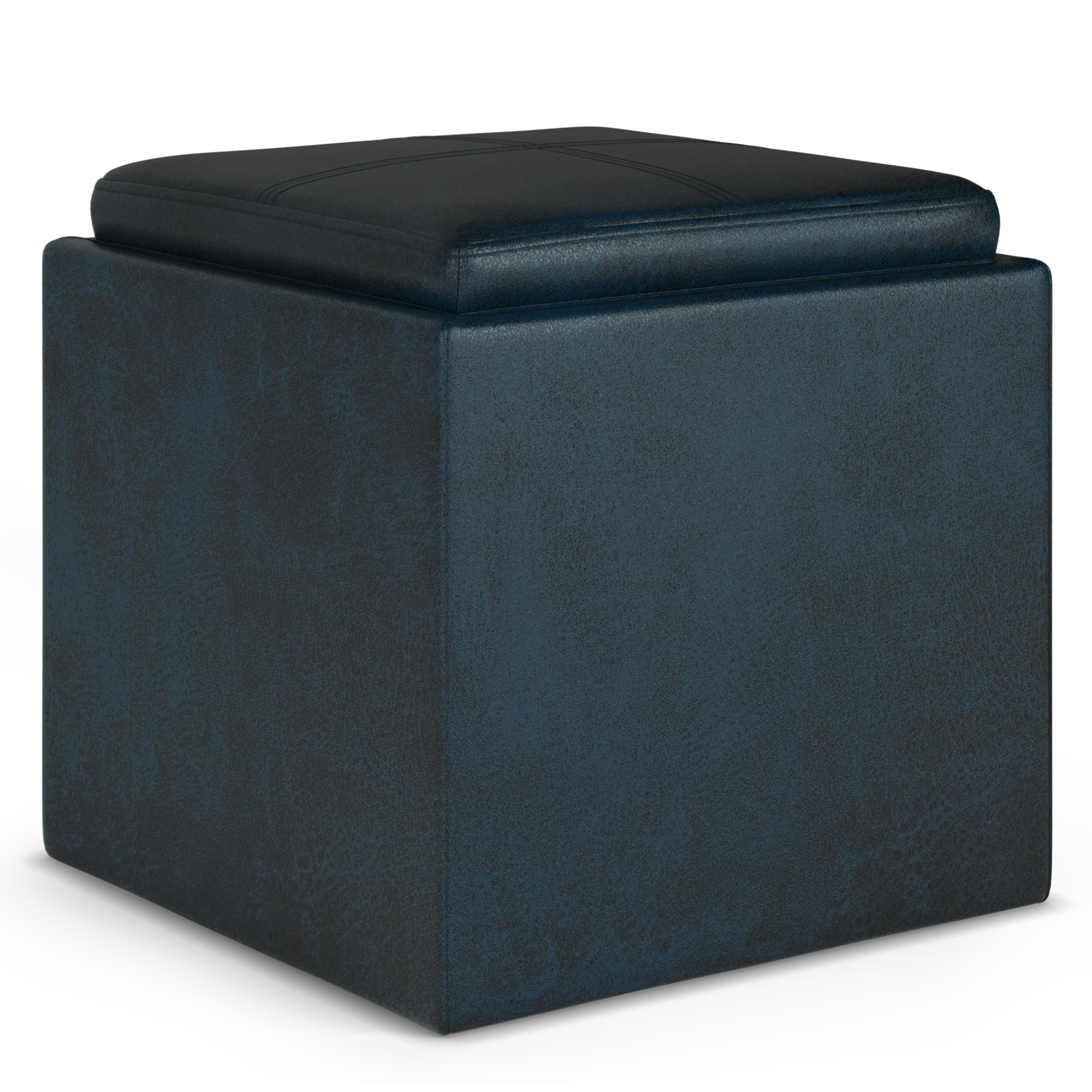 Rockwood Cube Storage Ottoman with Tray in Distressed Dark Blue Faux Leather