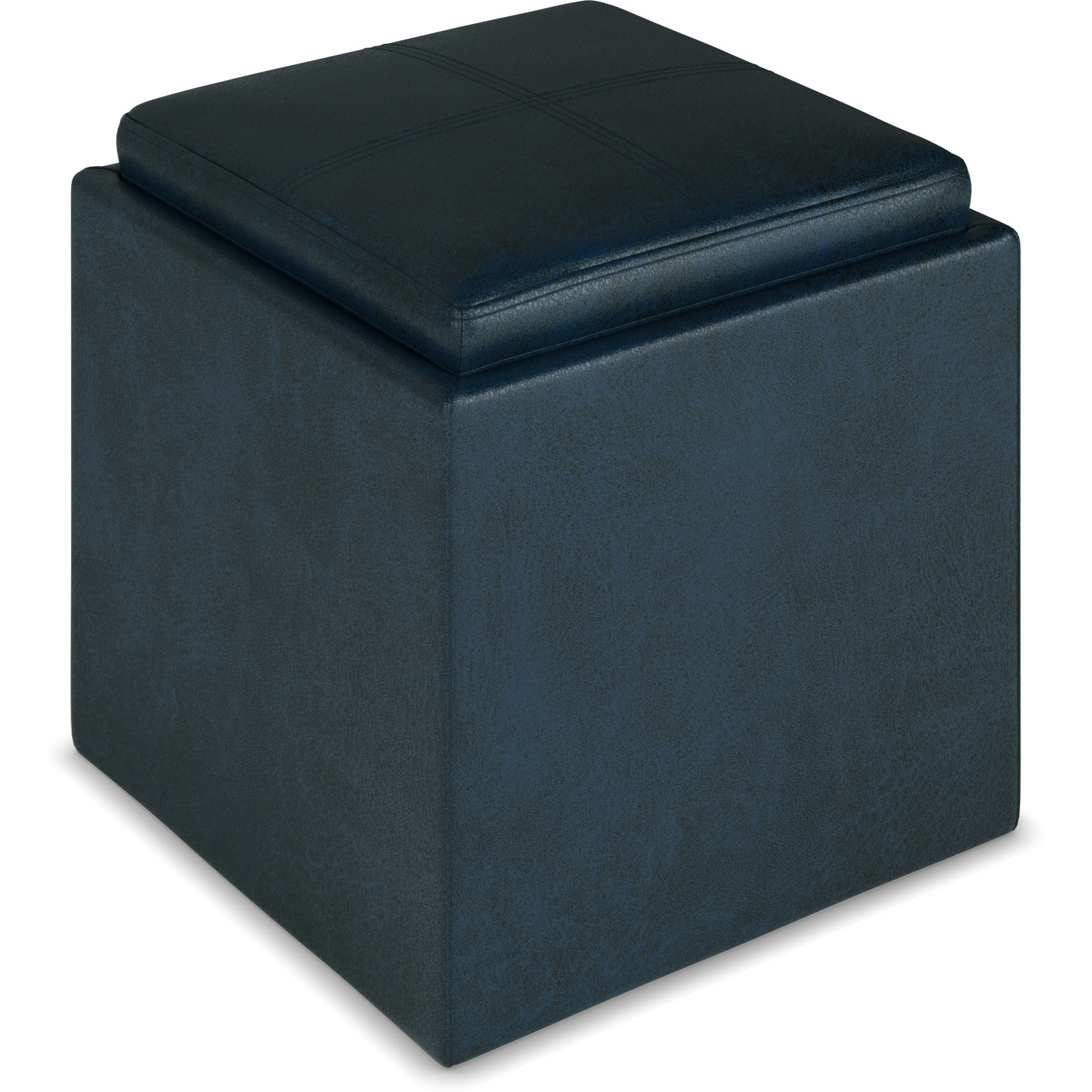 Rockwood Cube Storage Ottoman with Tray in Distressed Dark Blue Faux Leather