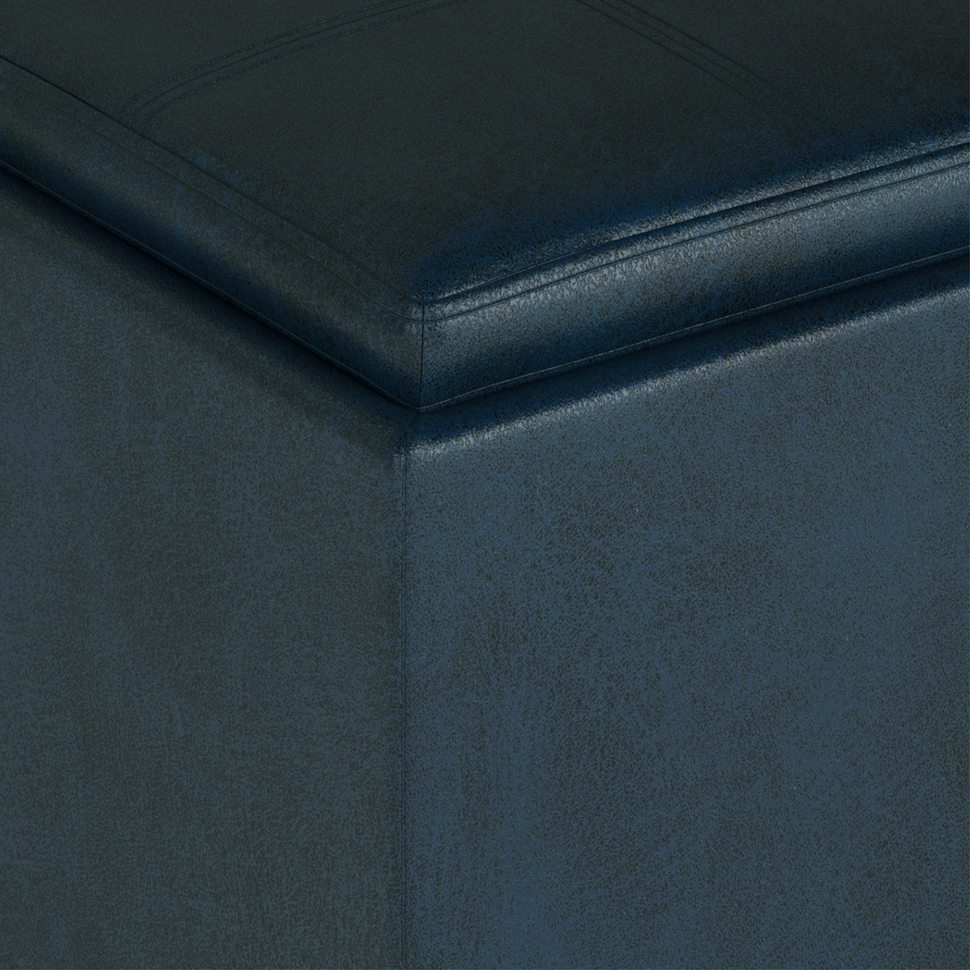 Rockwood Cube Storage Ottoman with Tray in Distressed Dark Blue Faux Leather