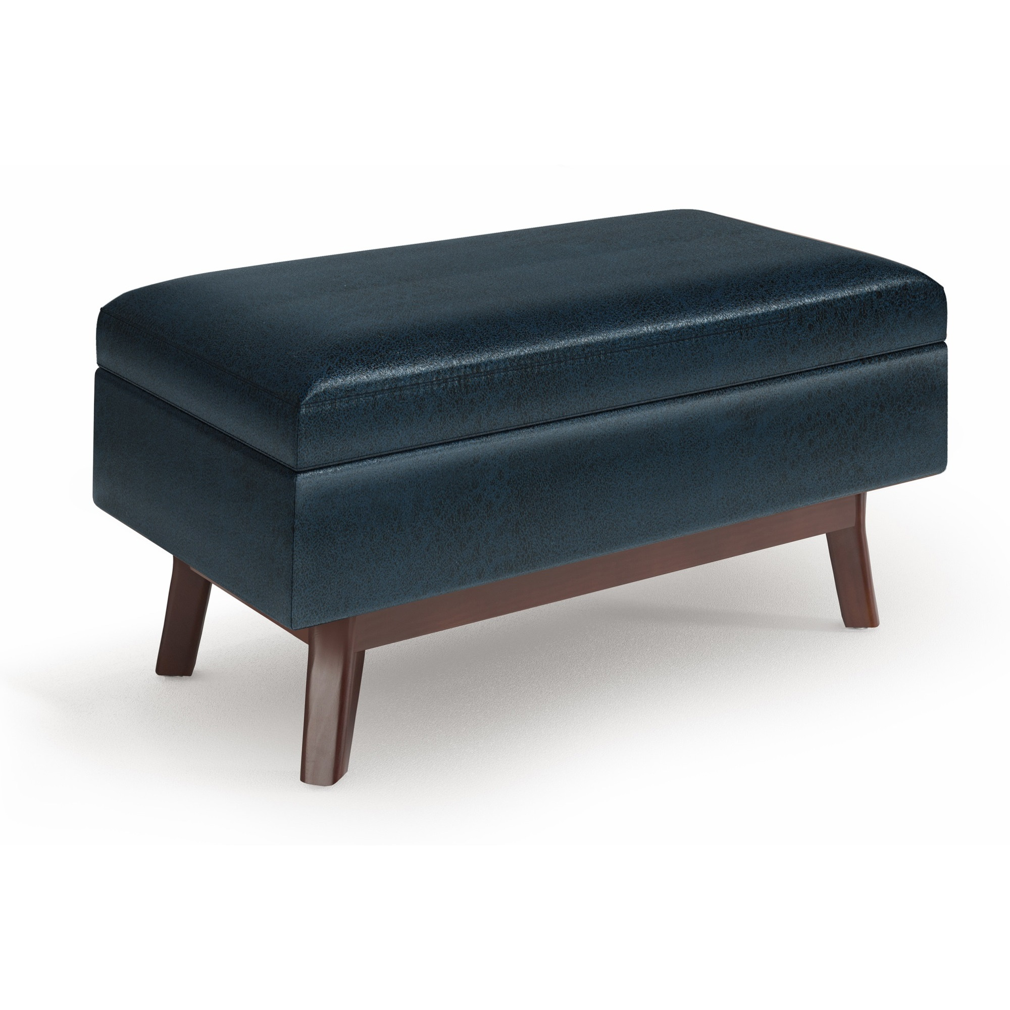 Owen Small Rectangular Storage Ottoman in Distressed Dark Blue Faux Leather