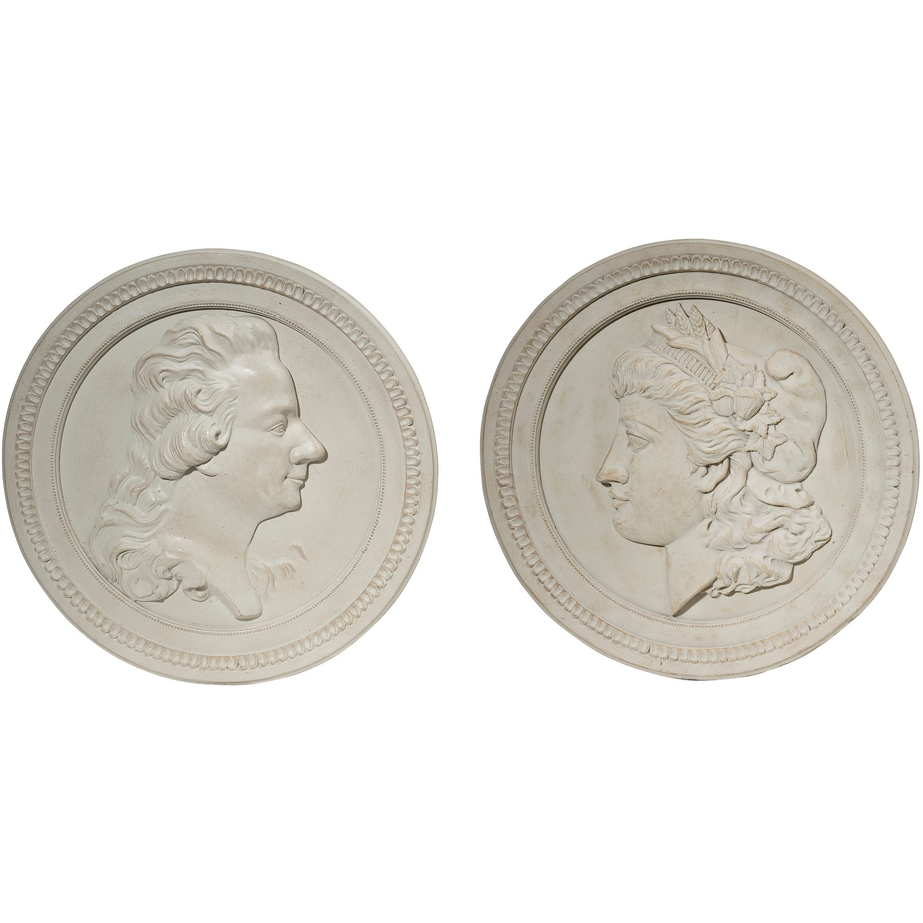 Victorian Style Round Ceramic Decorative Wall Decor, Set of Two, White