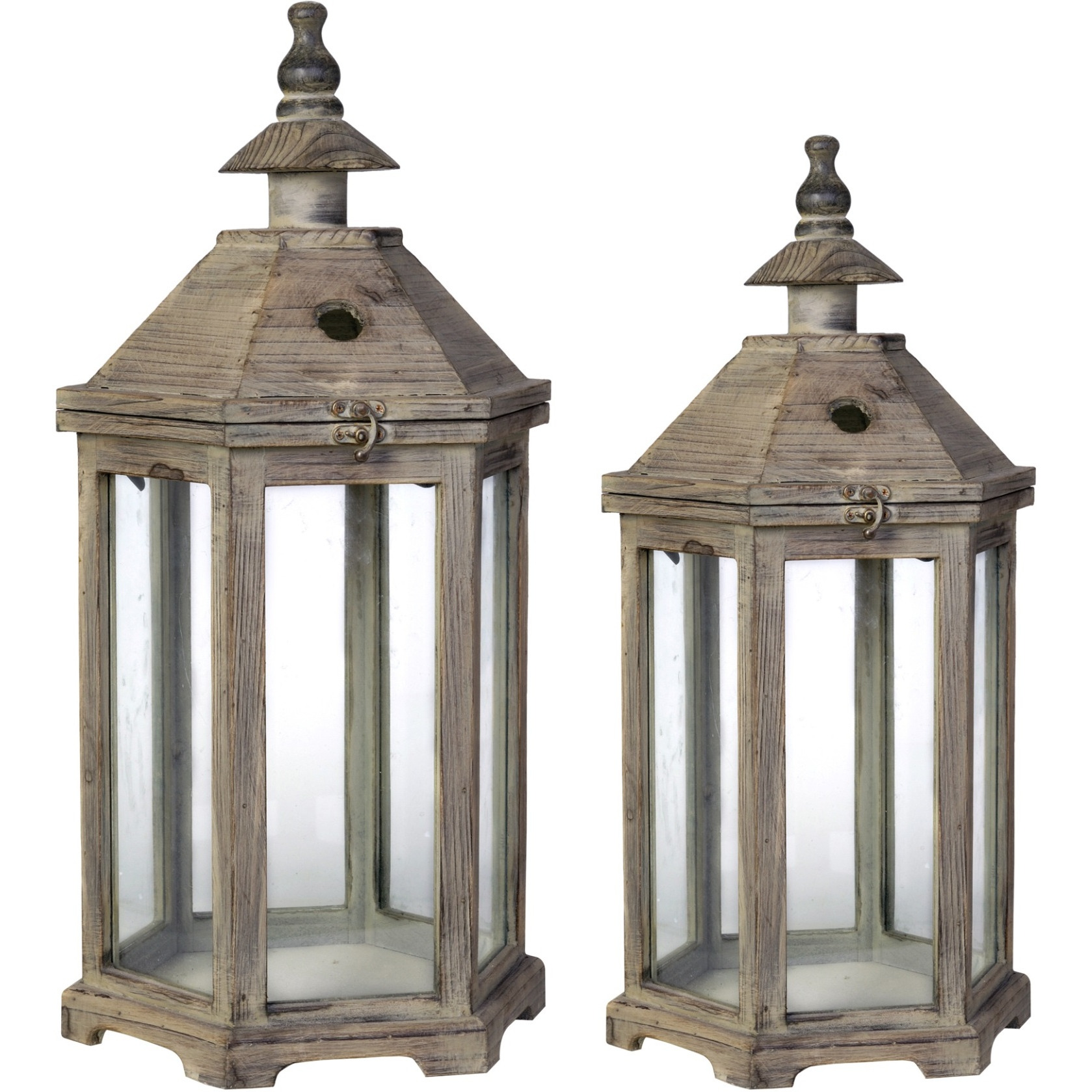 Temple Design Wooden Lantern with Glass Panels, Brown, Set of 2