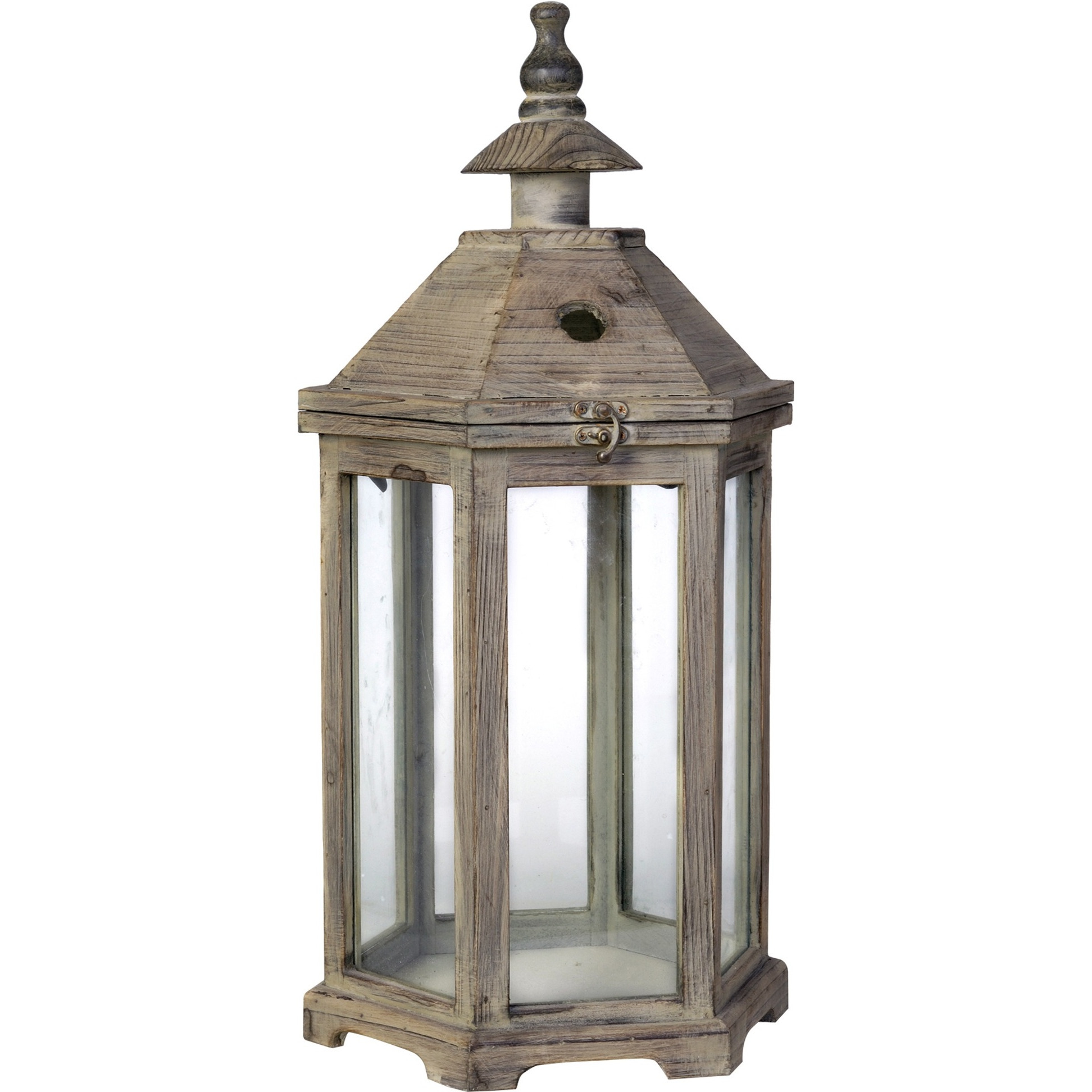 Temple Design Wooden Lantern with Glass Panels, Brown, Set of 2