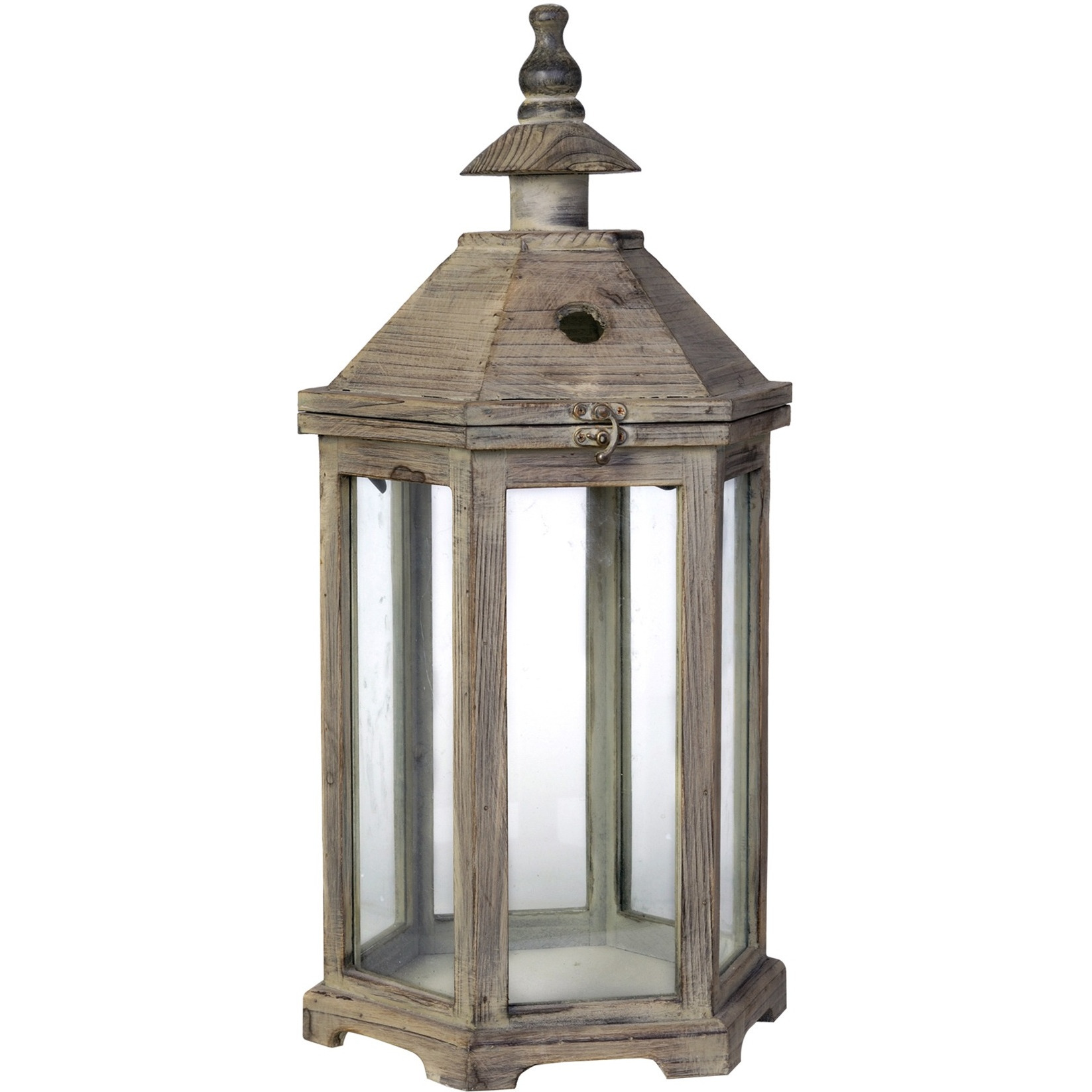 Temple Design Wooden Lantern with Glass Panels, Brown, Set of 2