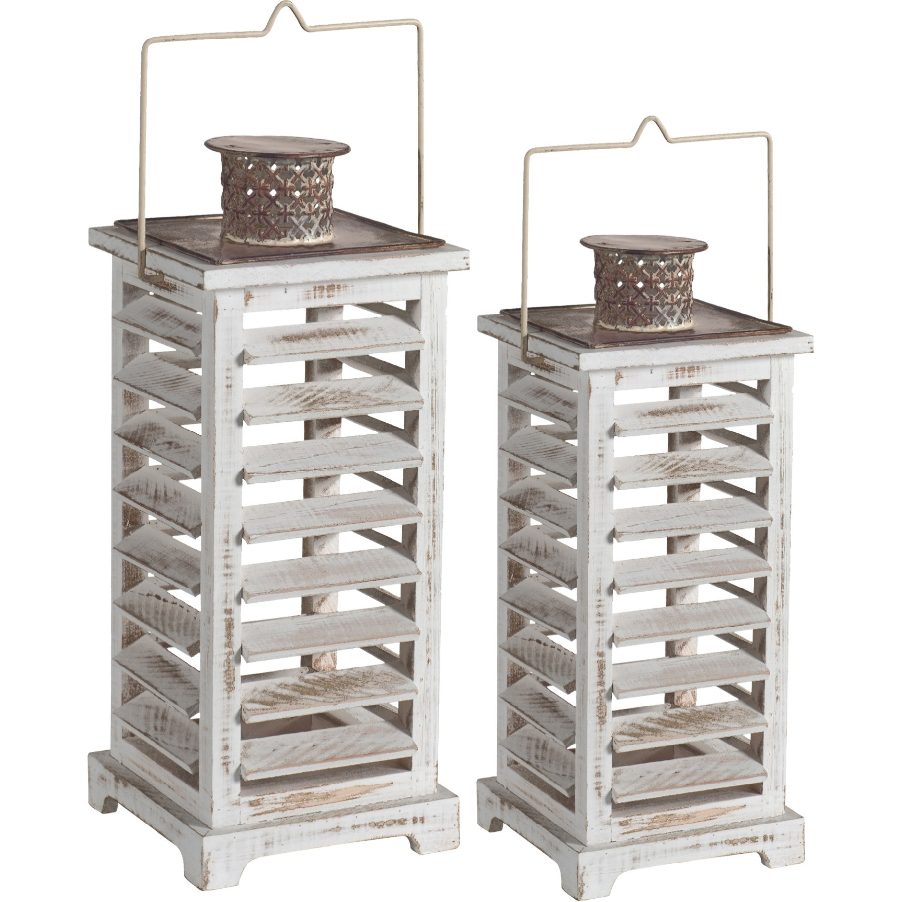 Wood and Metal Lanterns with Louvered Design, White, Set of 2