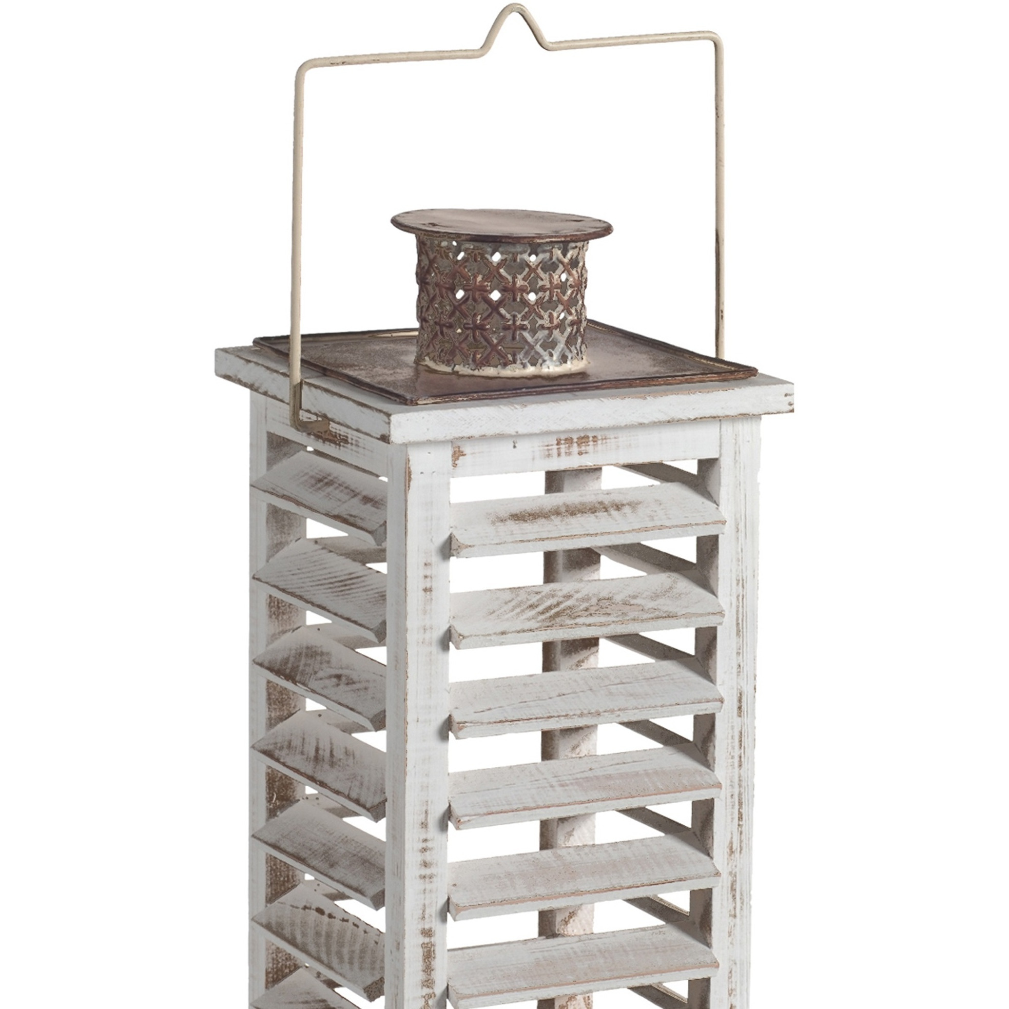 Wood and Metal Lanterns with Louvered Design, White, Set of 2