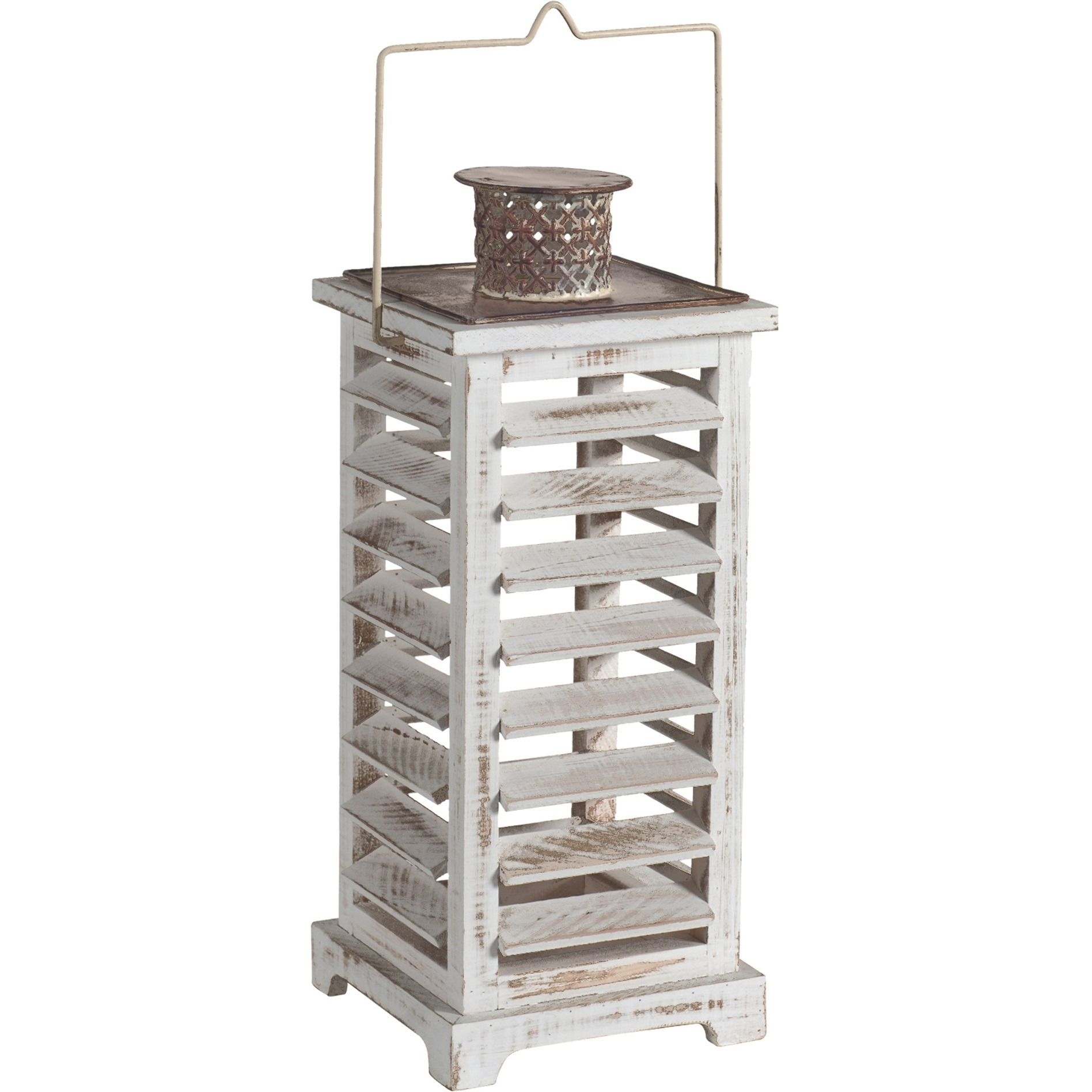 Wood and Metal Lanterns with Louvered Design, White, Set of 2