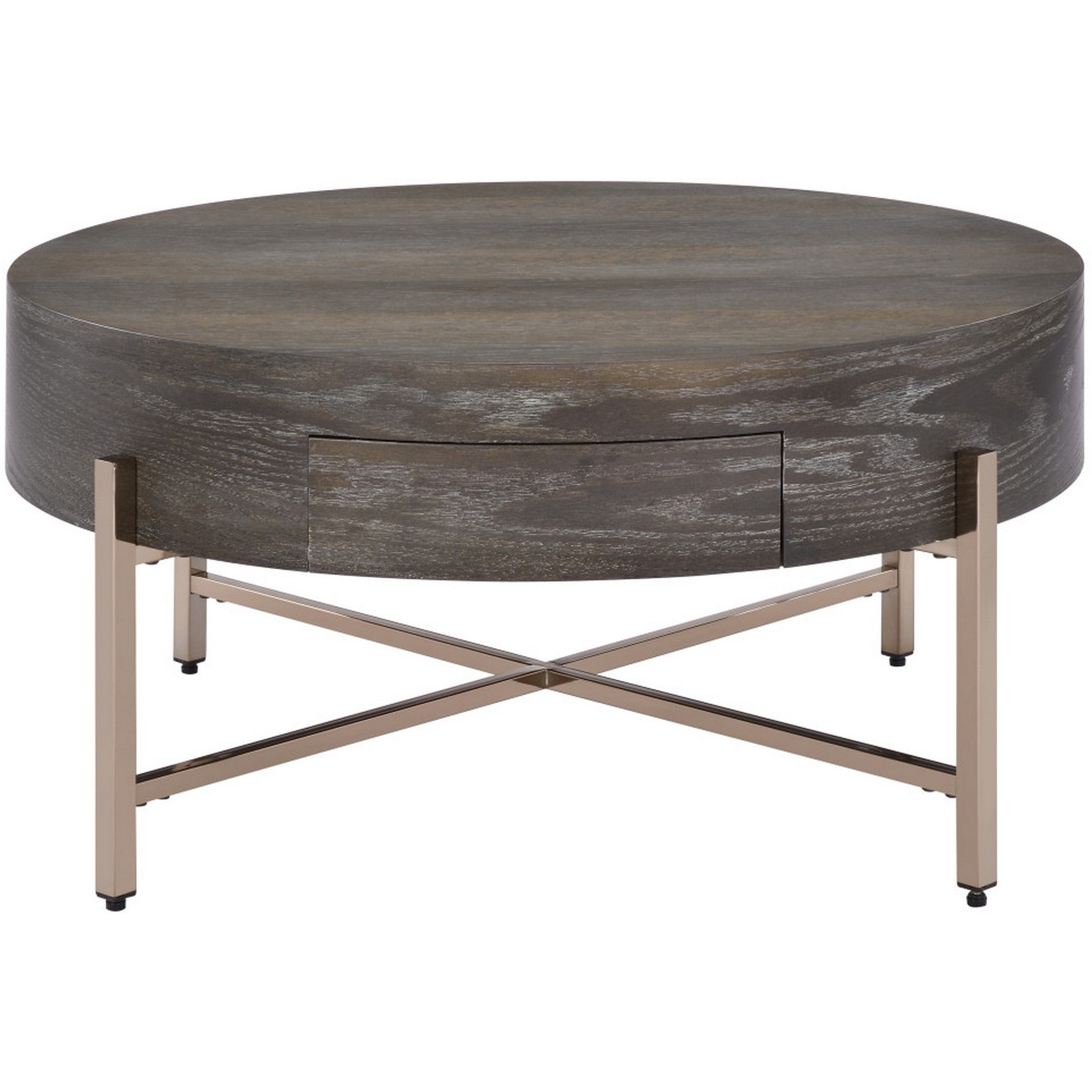 1 Drawer Round Modern Coffee Table with Crossed Metal Legs, Brown and Gold