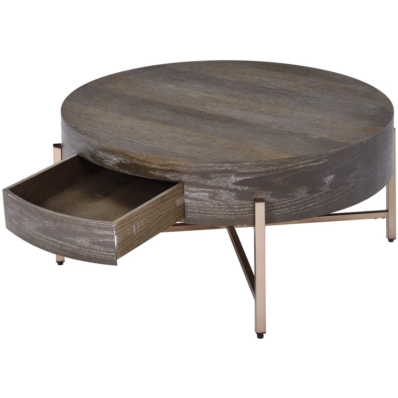 1 Drawer Round Modern Coffee Table with Crossed Metal Legs, Brown and Gold