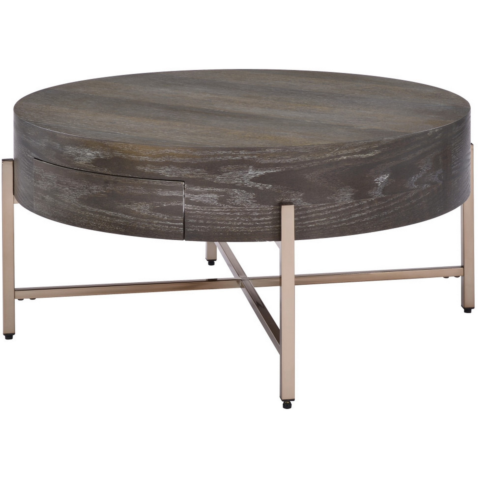 1 Drawer Round Modern Coffee Table with Crossed Metal Legs, Brown and Gold